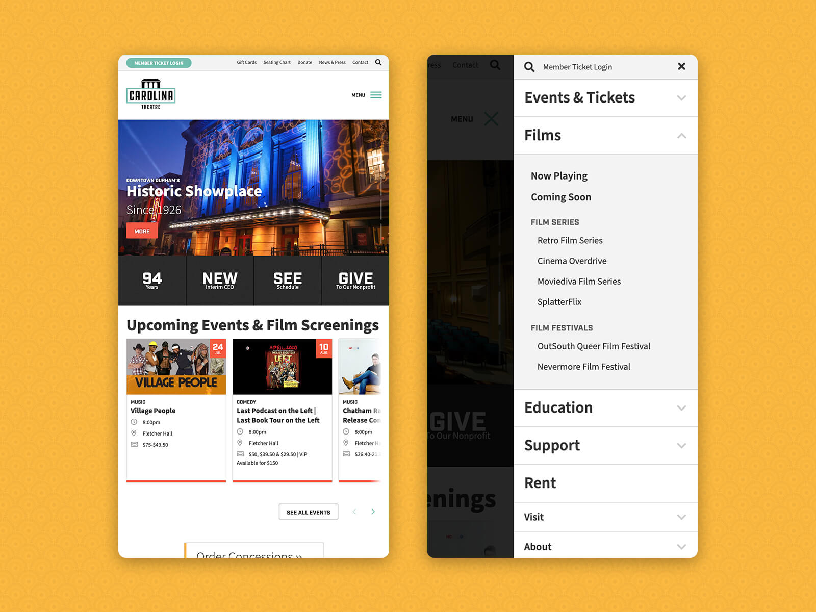The Carolina Theatre - Website's Mobile Navigation Menu