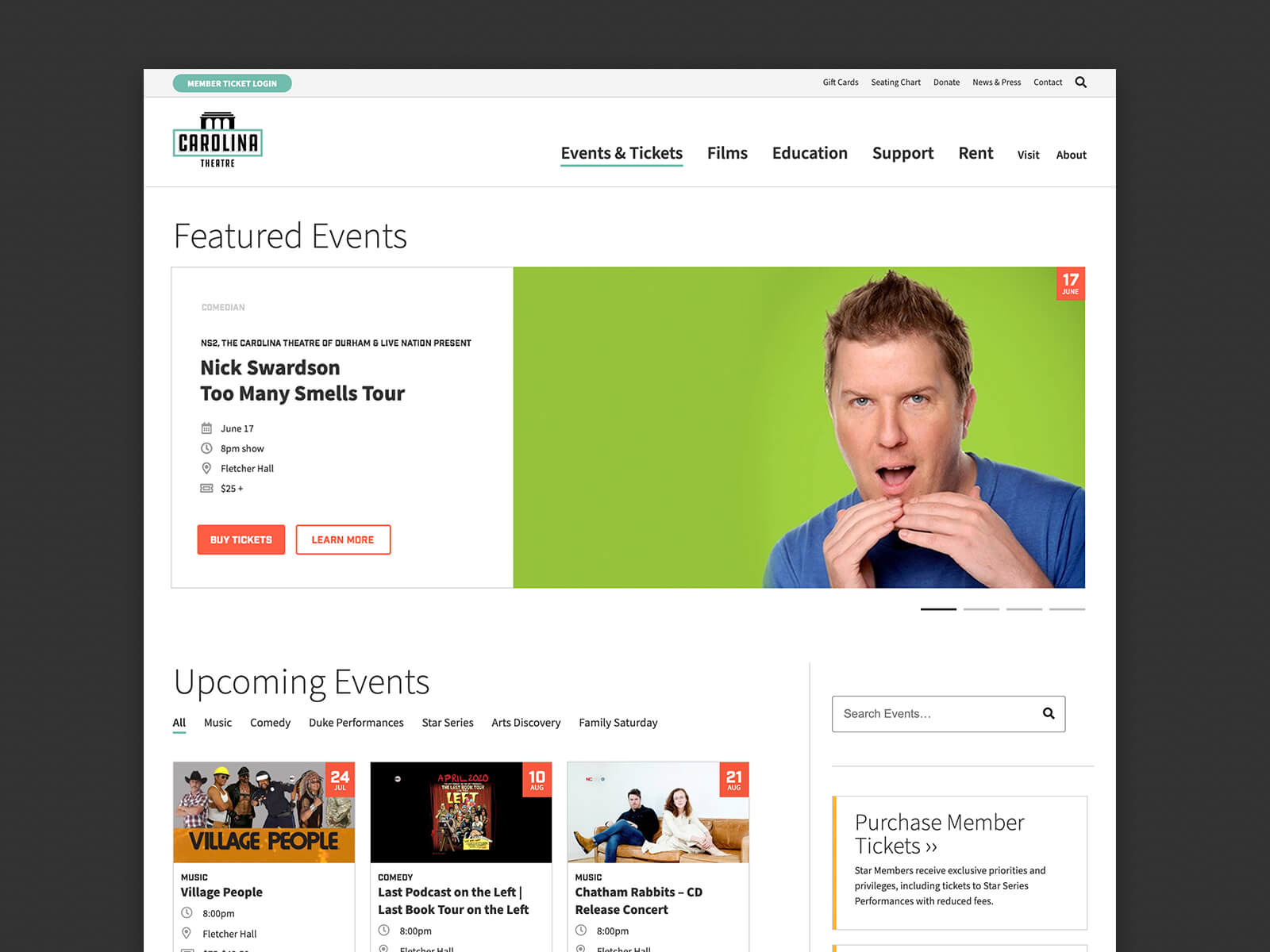 The Carolina Theatre - Upcoming Events Webpage Design