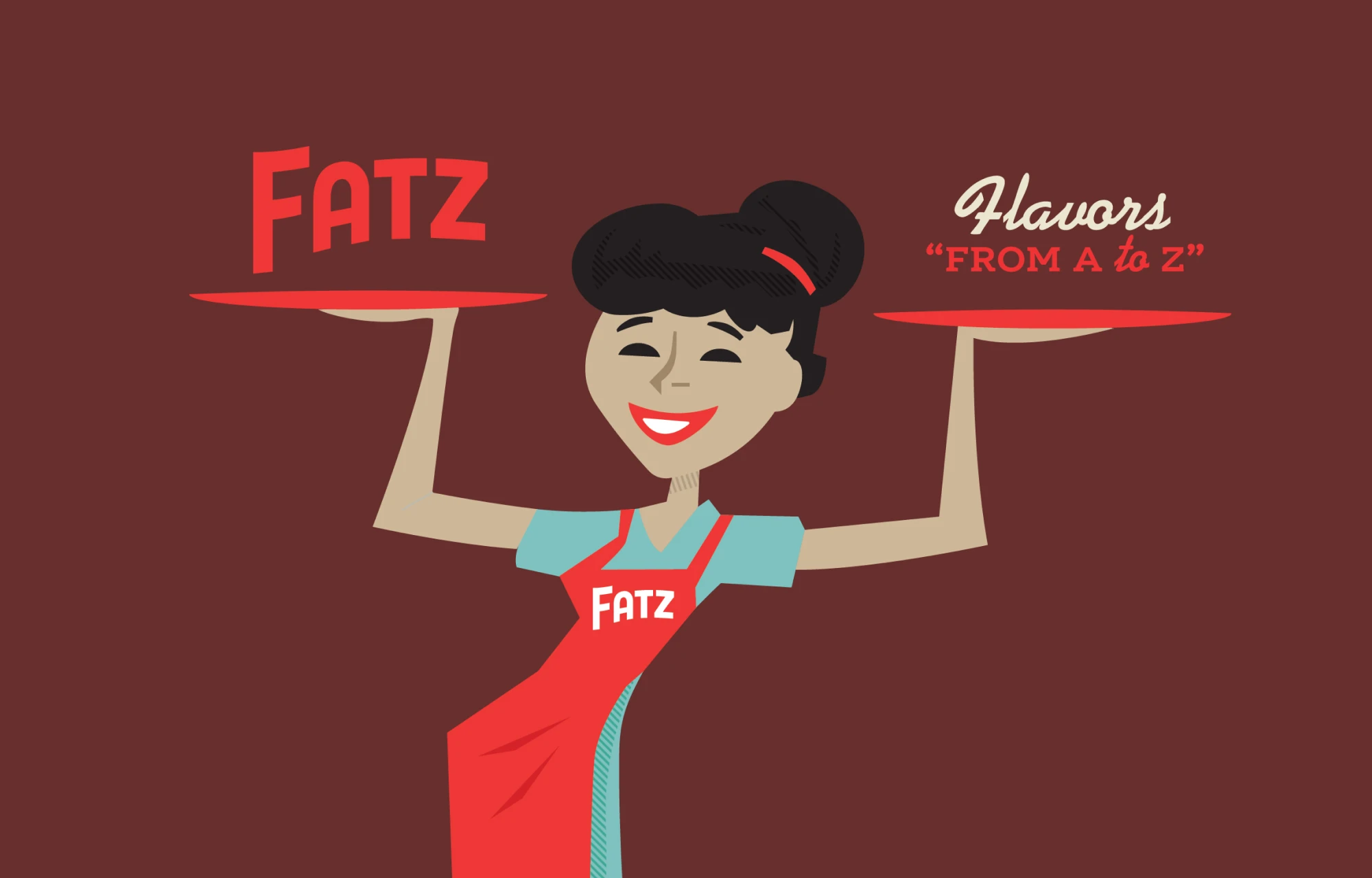 Fatz, mid century inspired illustration style of a server holding two trays above her head and smiling in her red apron