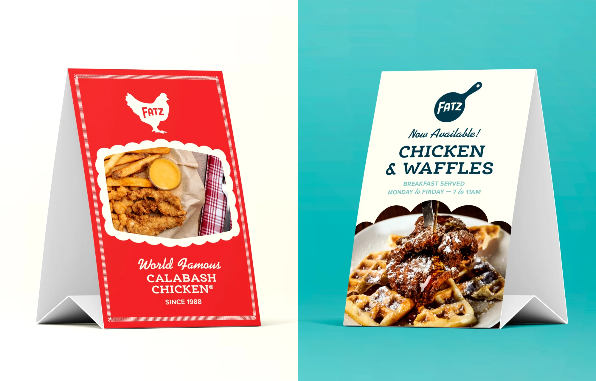 Two table tent designs, one for World Famous Calabash Chicken and one for Chicken and Waffles
