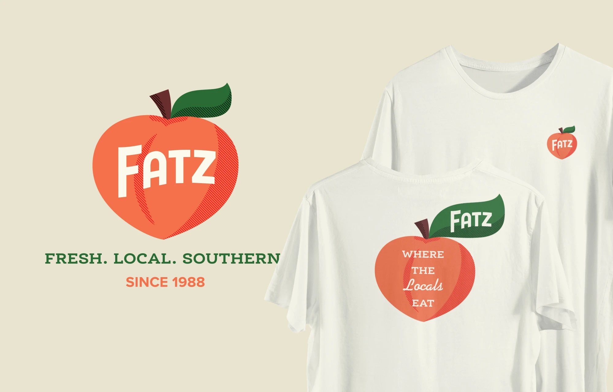 Fatz southern peach shirt design with a flat illustrated peach on the front chest pocket and full back.