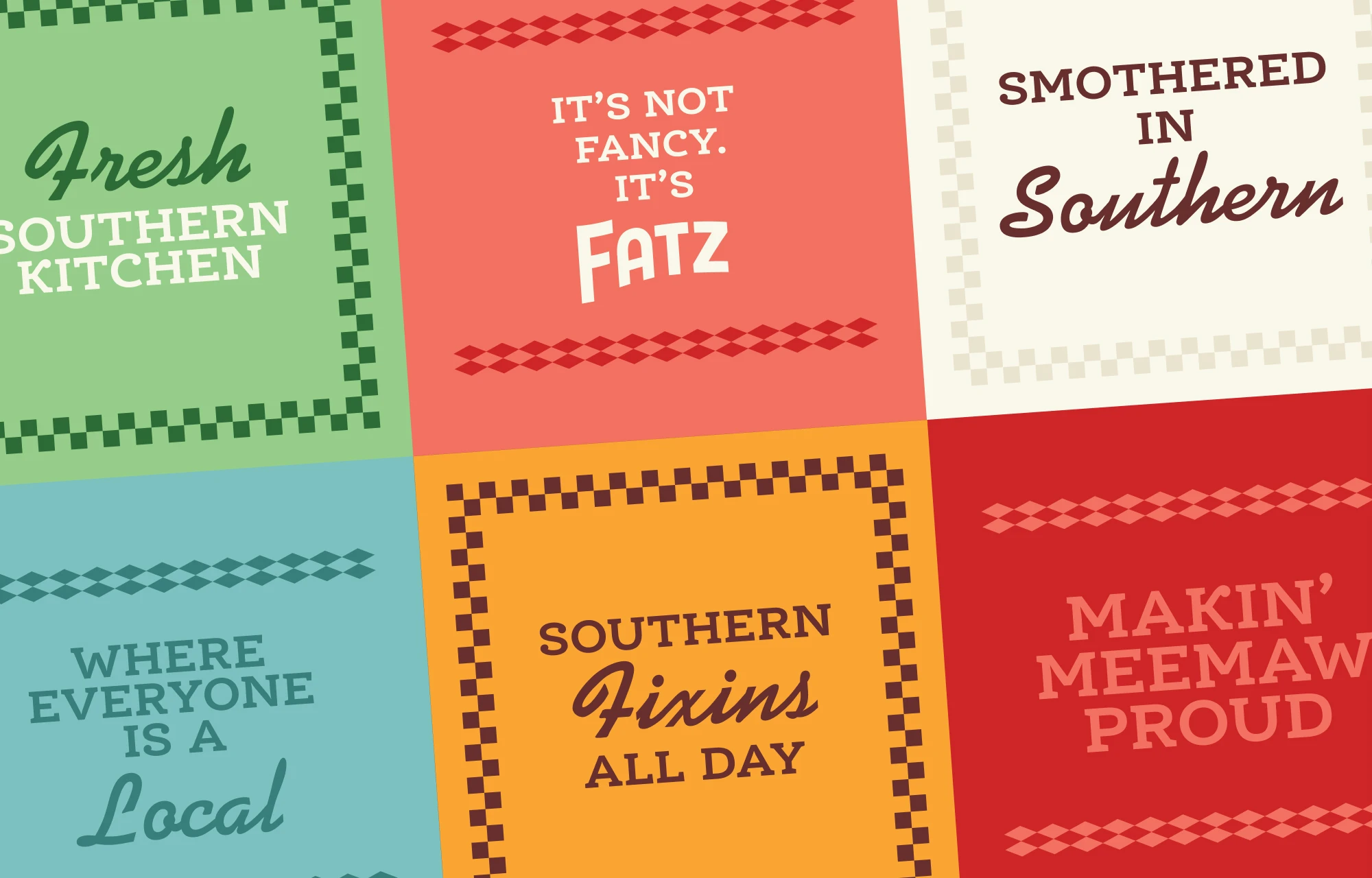 Colorful quilted square tagline graphics for Fatz
