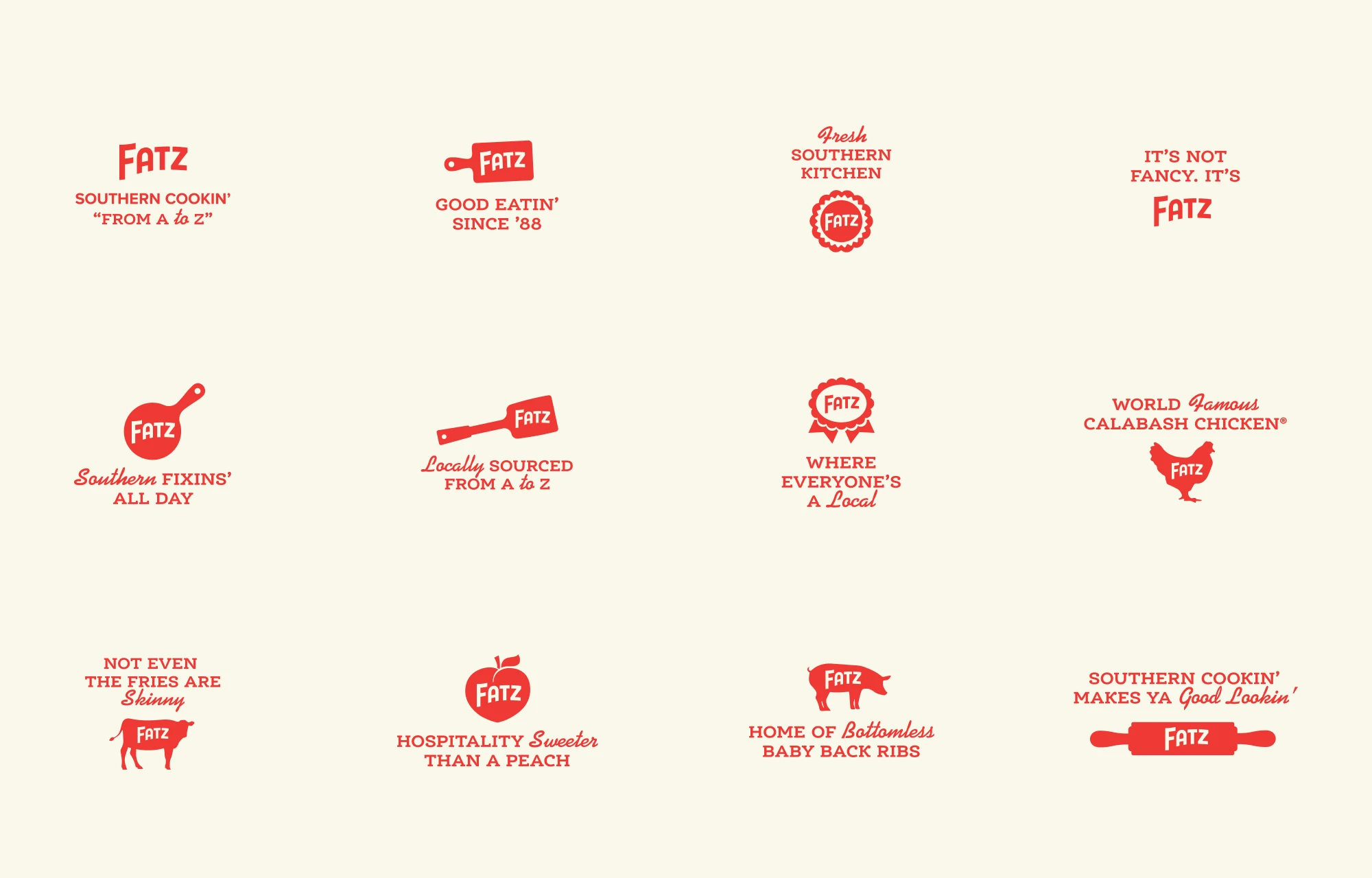 An assortment of branded Tagline graphics for Fatz Southern Kitchen