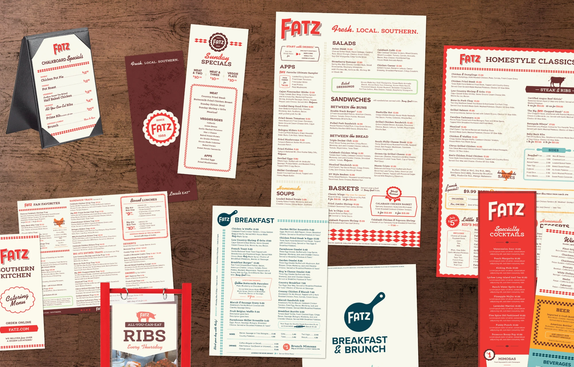 An assortment of menus for Fatz Southern Kitchen, including table tents, catering menus, brunch menu, lunch and dinner menu and drink menus.