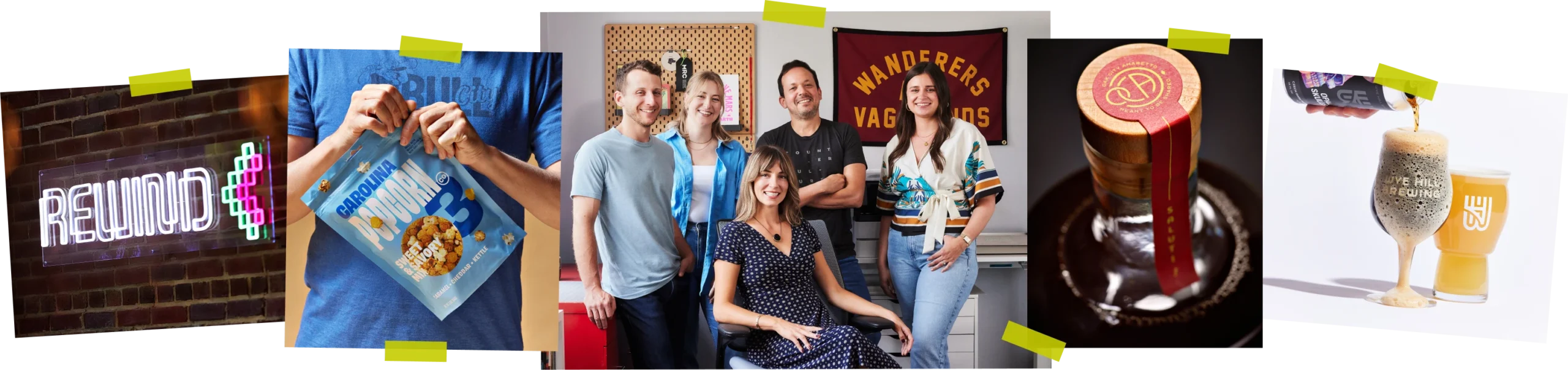 A collage of project photos and studio photos from brand design studio MRC in Raleigh, NC