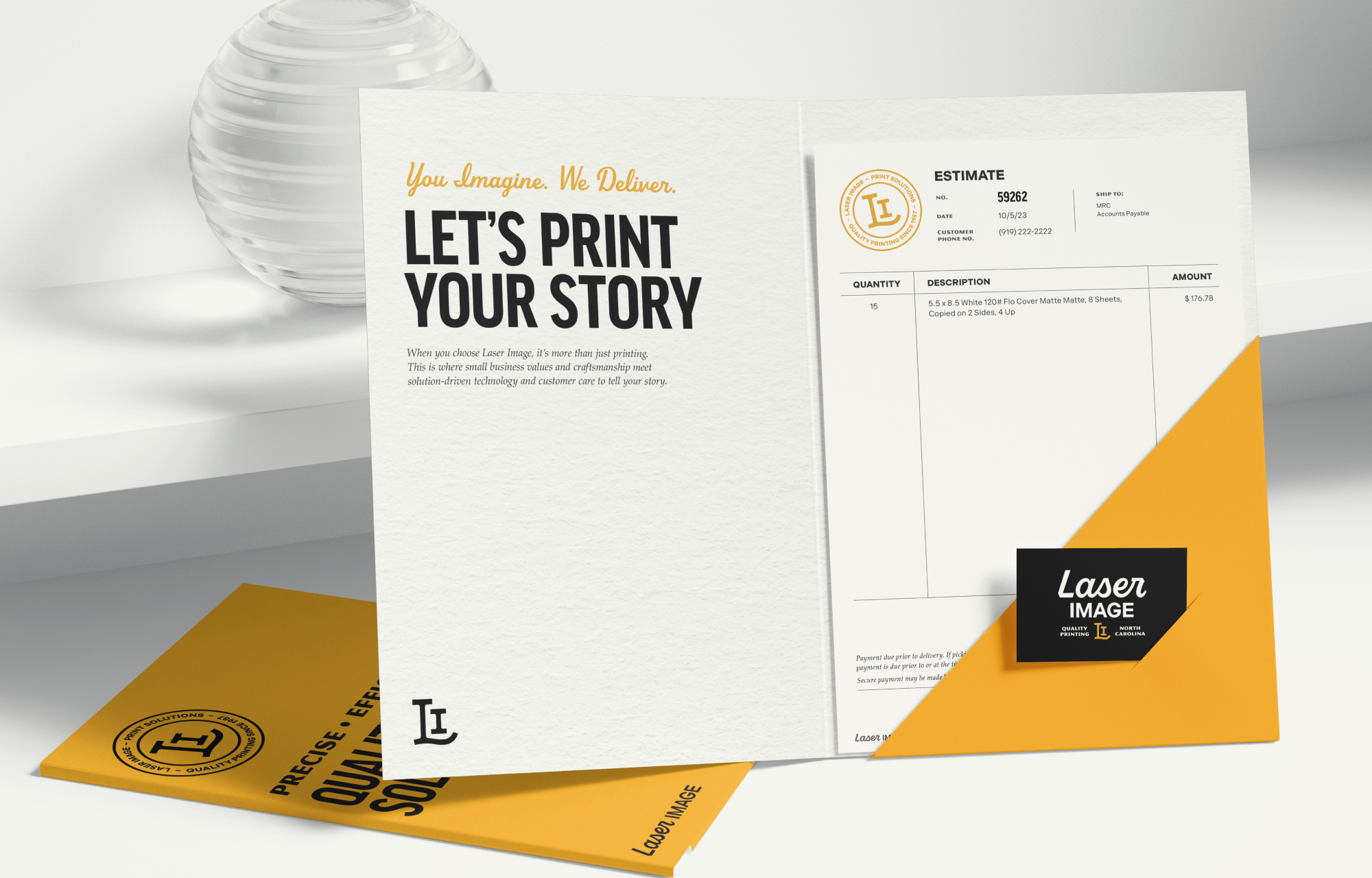 An invoice folder with business card in Laser Images brand graphcis