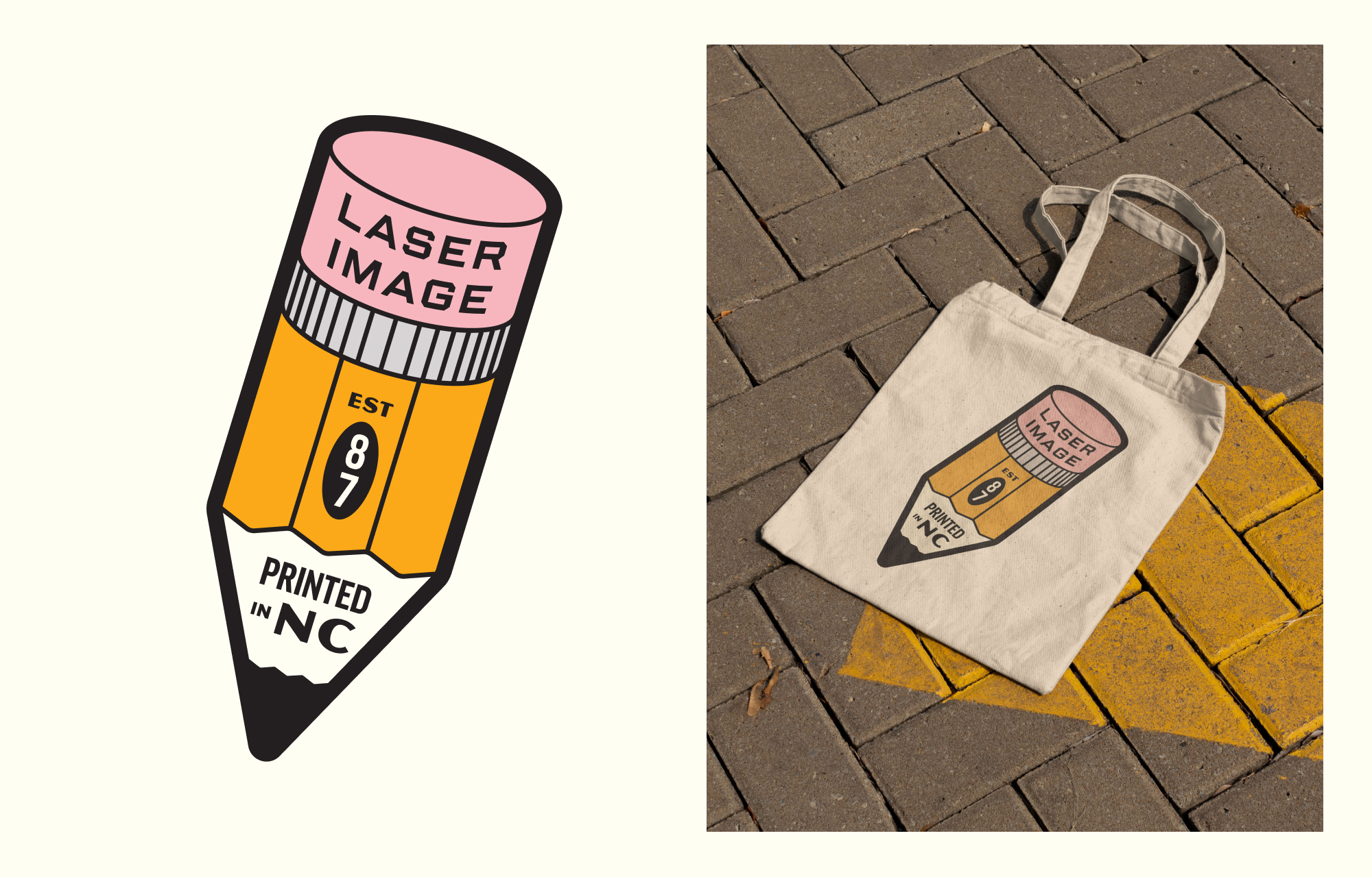 The Laser Image pencil graphic on its own and shown on a canvas tote bag