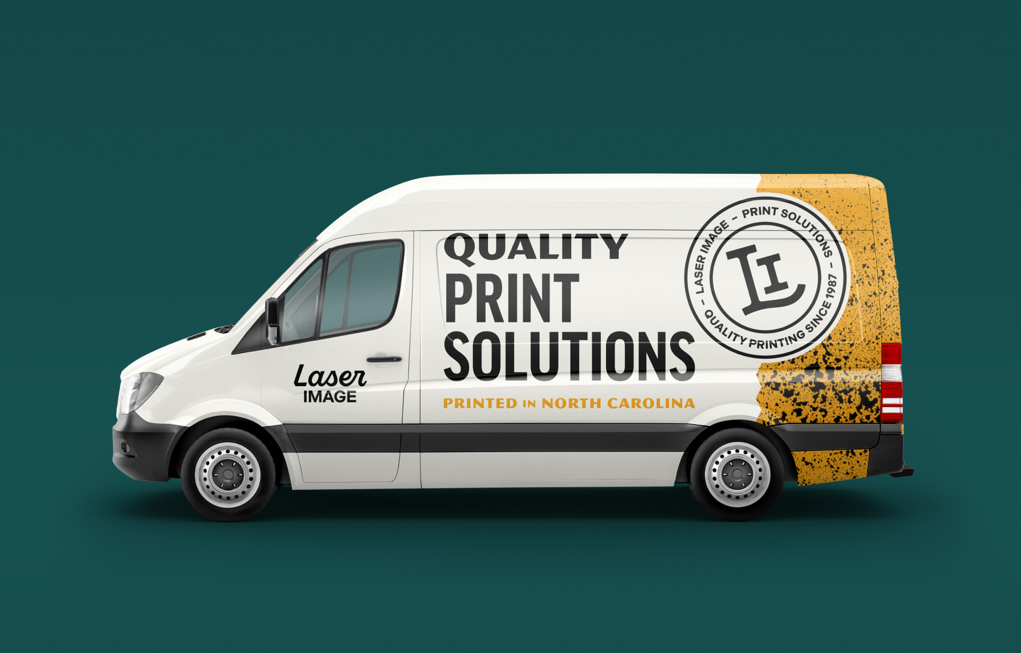 Laser Image delivery van wrapped in branded graphics with the tagline Quality Print Solutions in large text