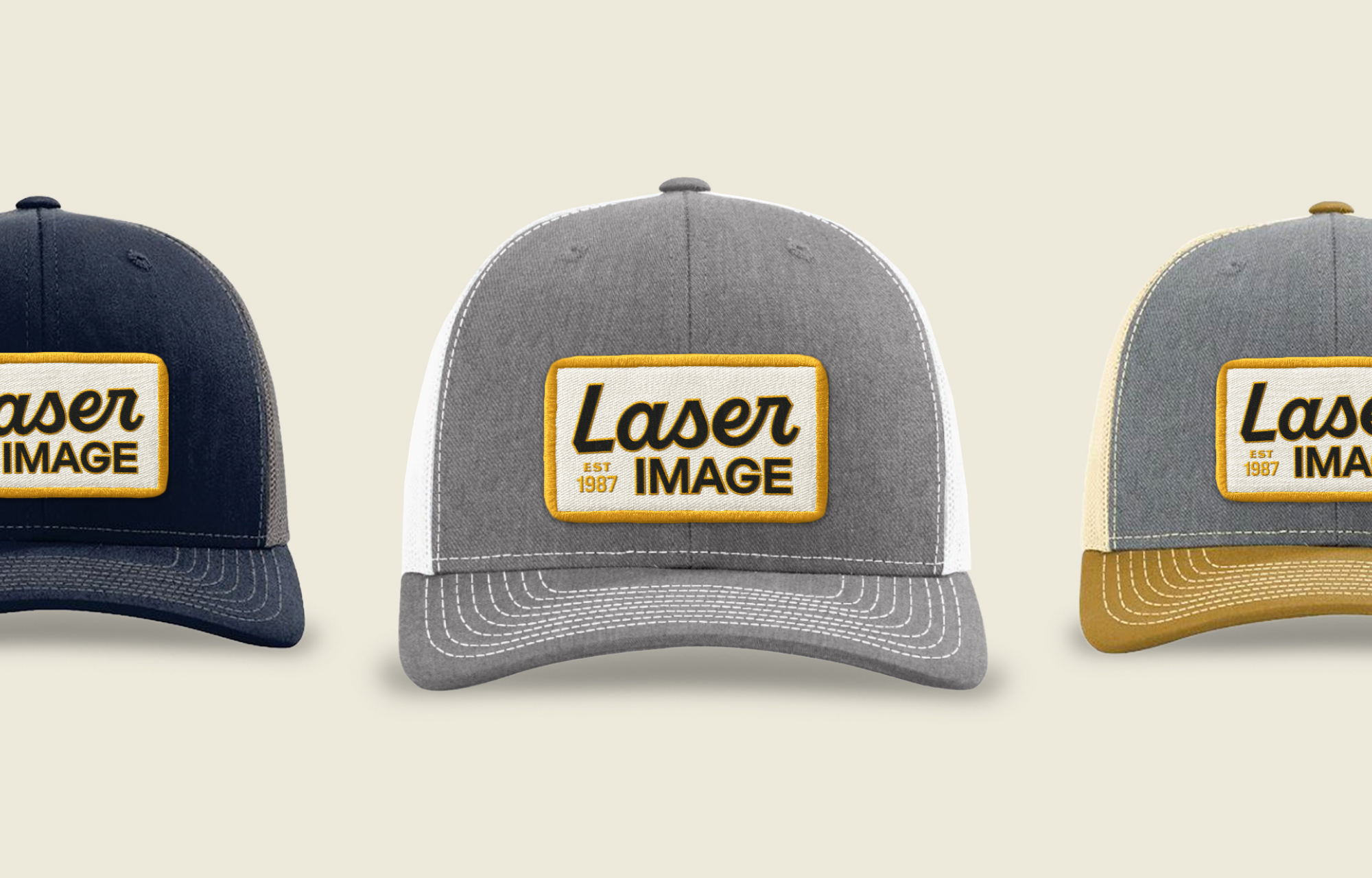 Three Richardson trucker hats with Laser Image patches