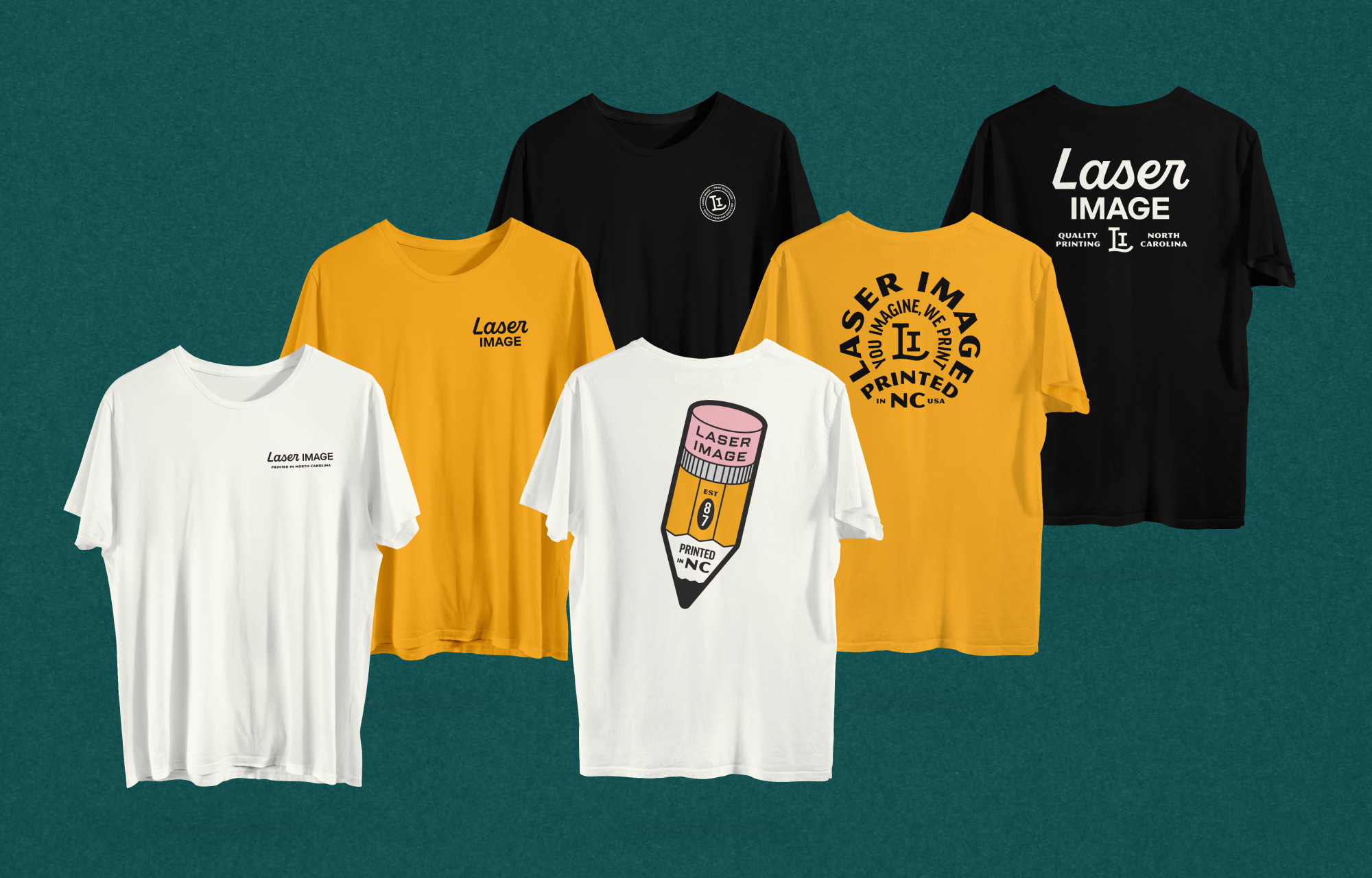 An assortment of branded Laser Image t-shirts