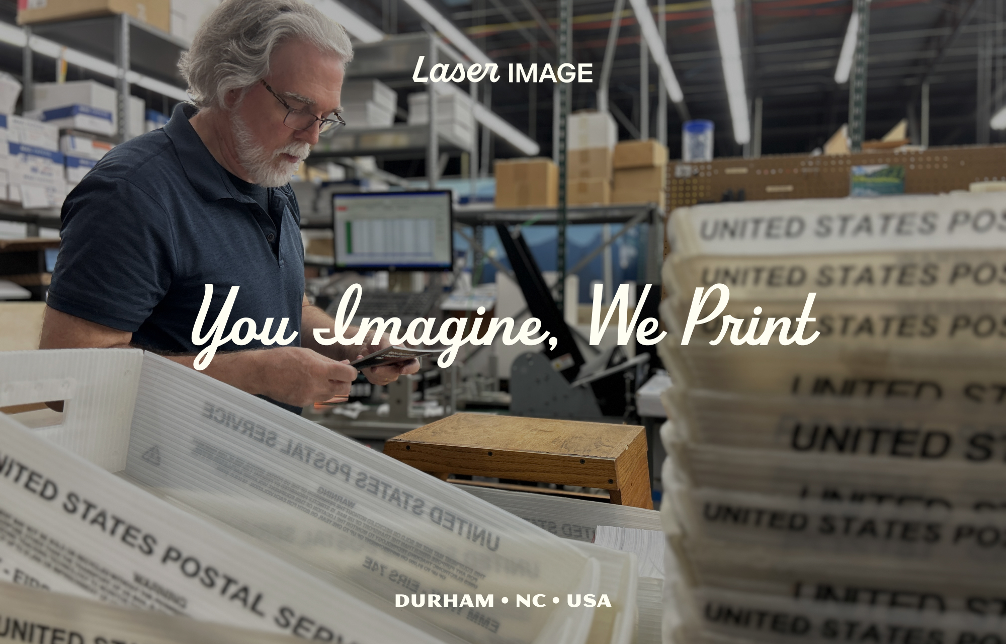 Laser Image's tagline You Image, We Print overlaid on a photo of an employee doing quality control