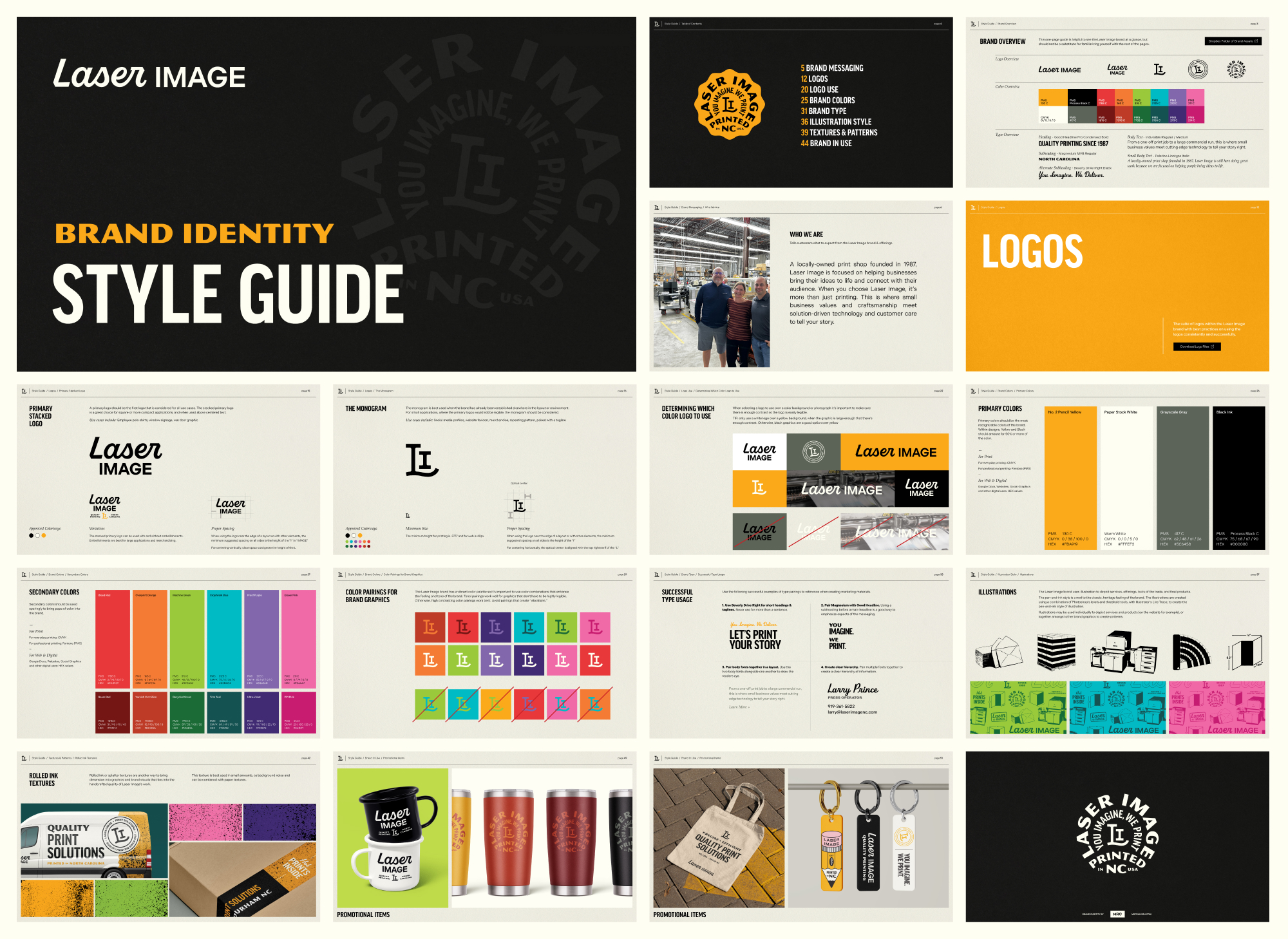 An overview of the spreads of the Laser Image style guide showing brand colors, brand fonts, messaging and more