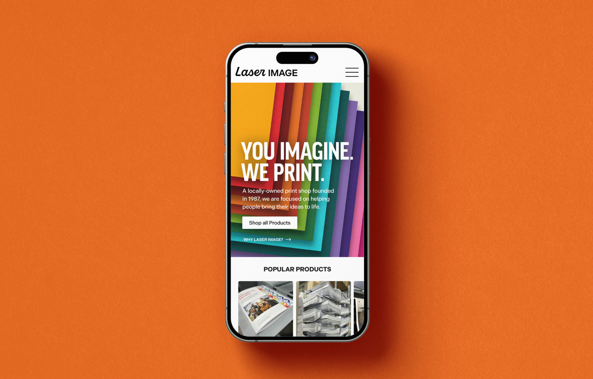 A mockup of the Laser Image websites homepage on a mobile device