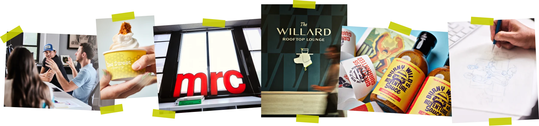 A collage of project photos and studio photos from brand design studio MRC in Raleigh, NC