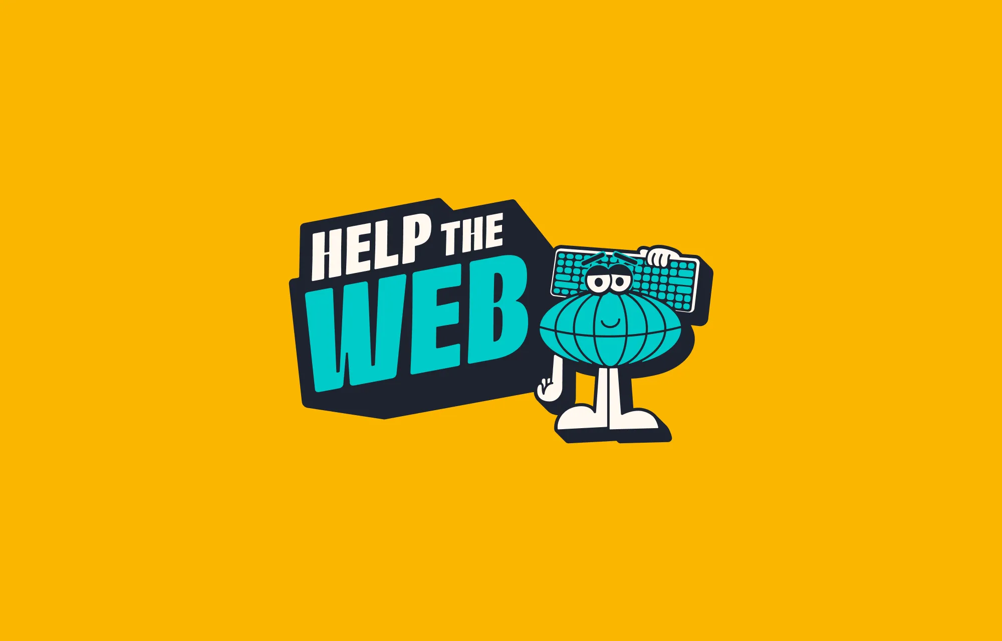 The full Help The Web logo on a yellow background, featuring Mr World Wide, the brands mascot