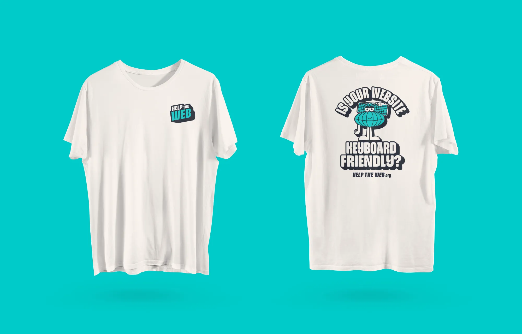 A Help the Web branded graphic tee with the logo over the front chest pocket and a larger graphic on the back that asks the question: Is your website keyboard friendly?