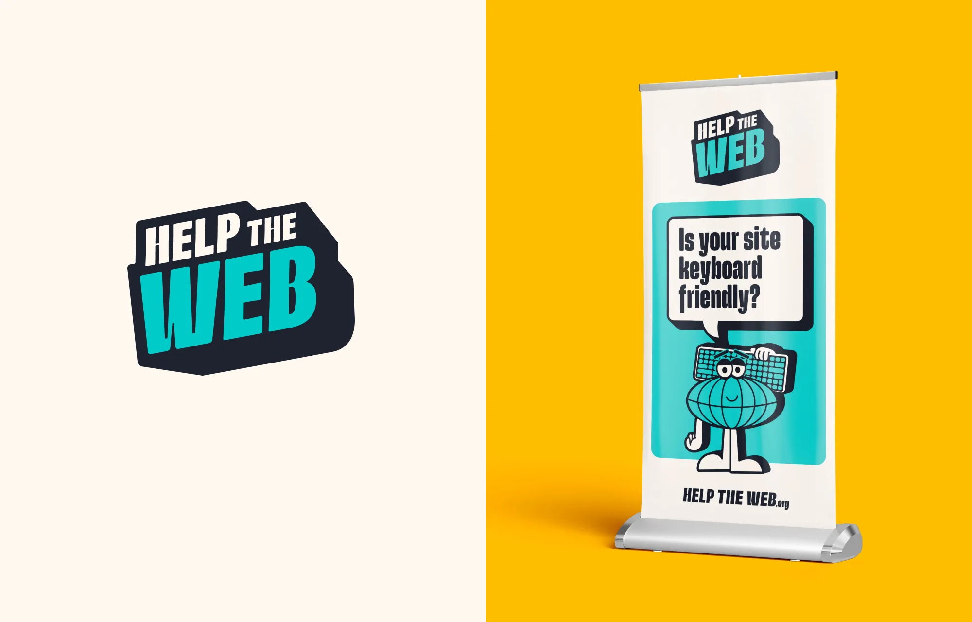 A Help the Web branded retractable banner mockup that asks the question: Is your site keyboard friendly?