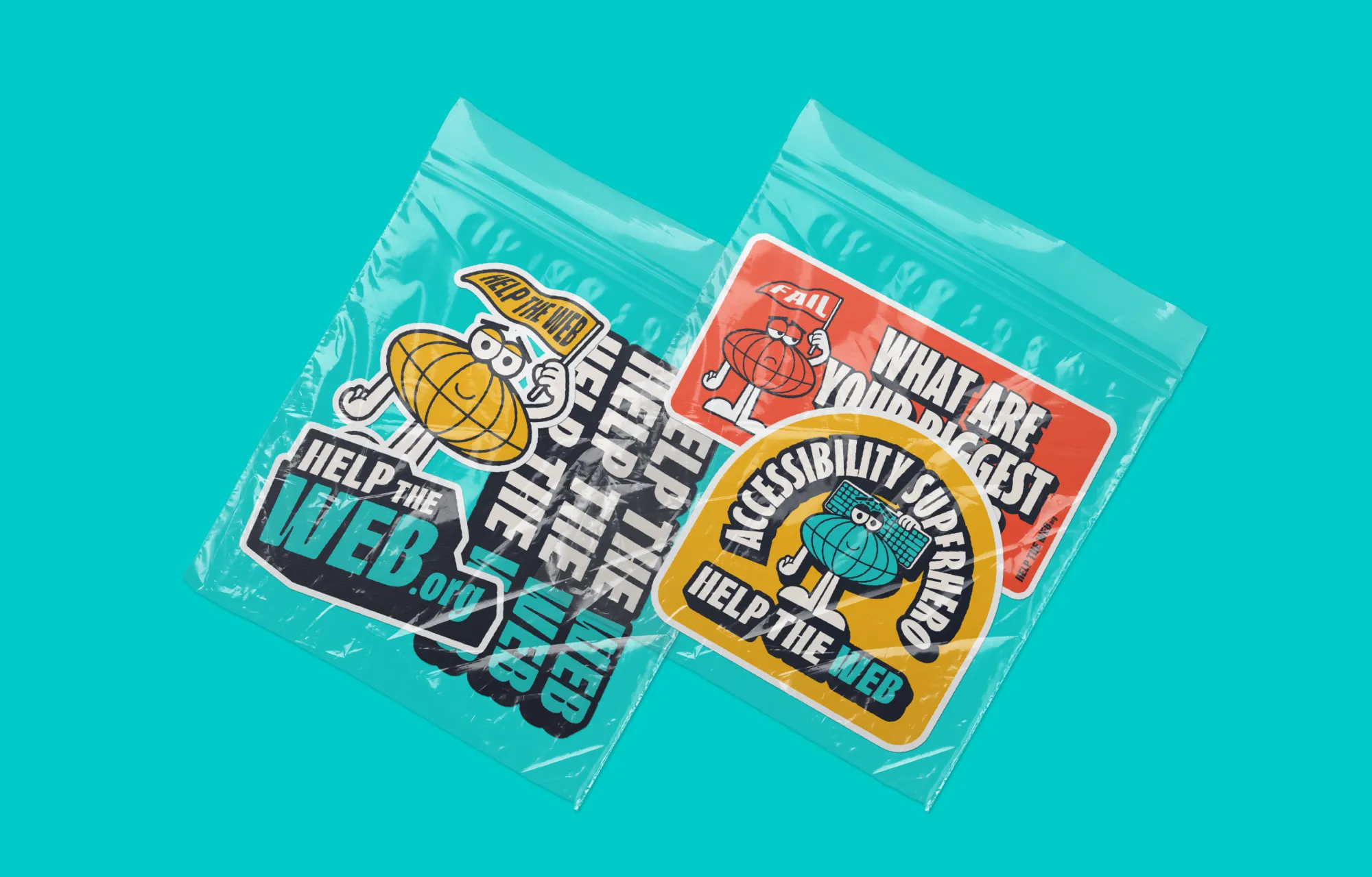 Two packs of various die cut stickers using different brand graphics from Help The Web