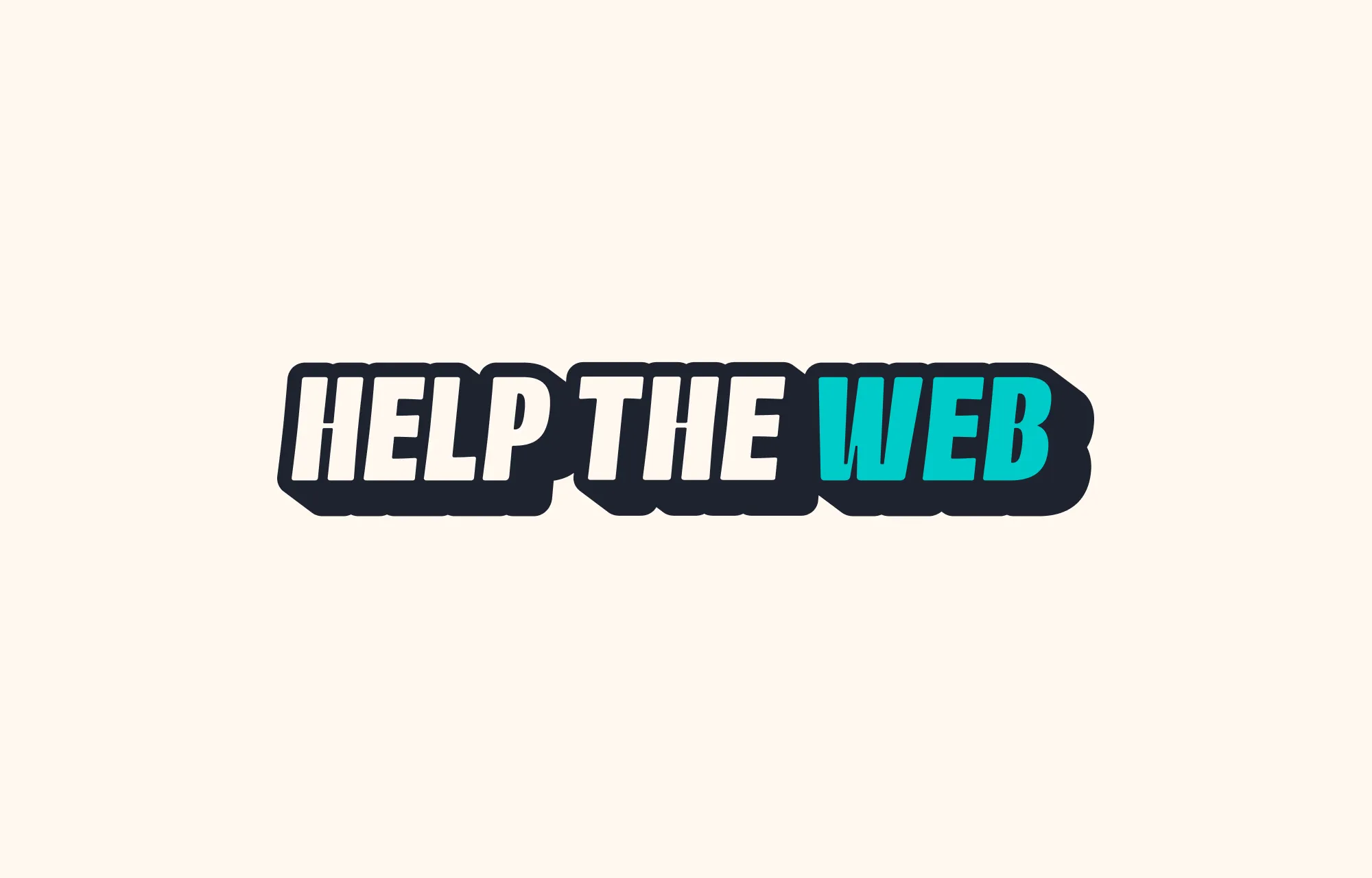 A horizontal logo for Help the Web with Help The in an off white color and Web in teal color, with a dark blue stroke and block shadow containing the letters