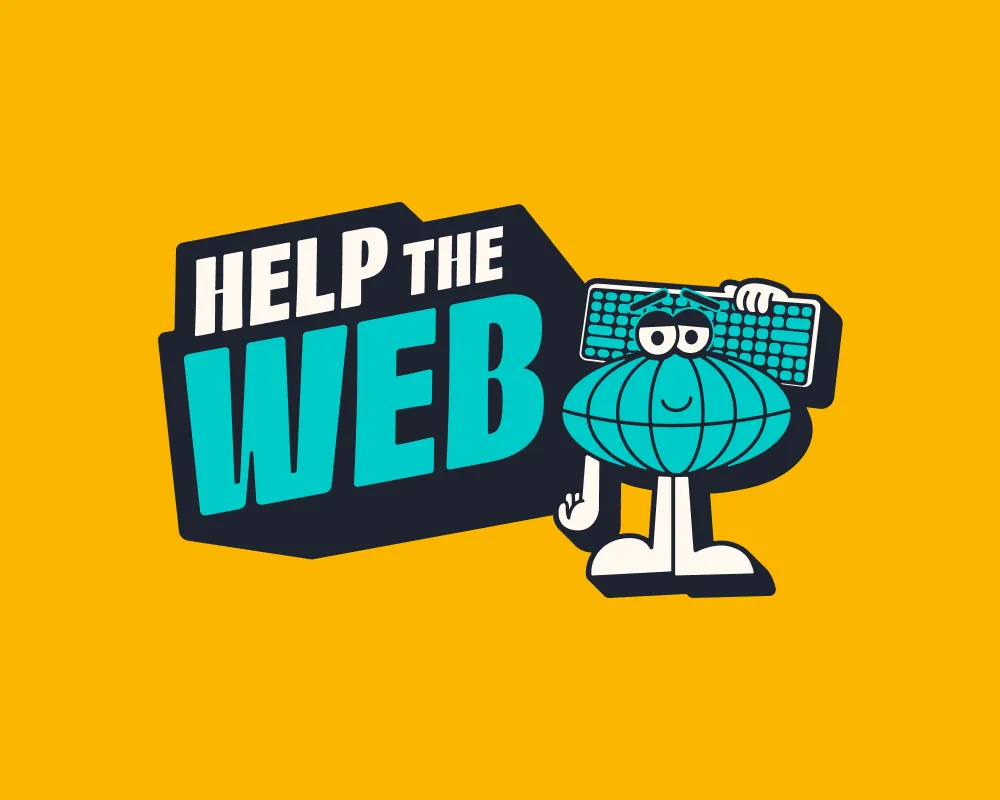 The full Help The Web logo on a yellow background, featuring Mr World Wide, the brands mascot