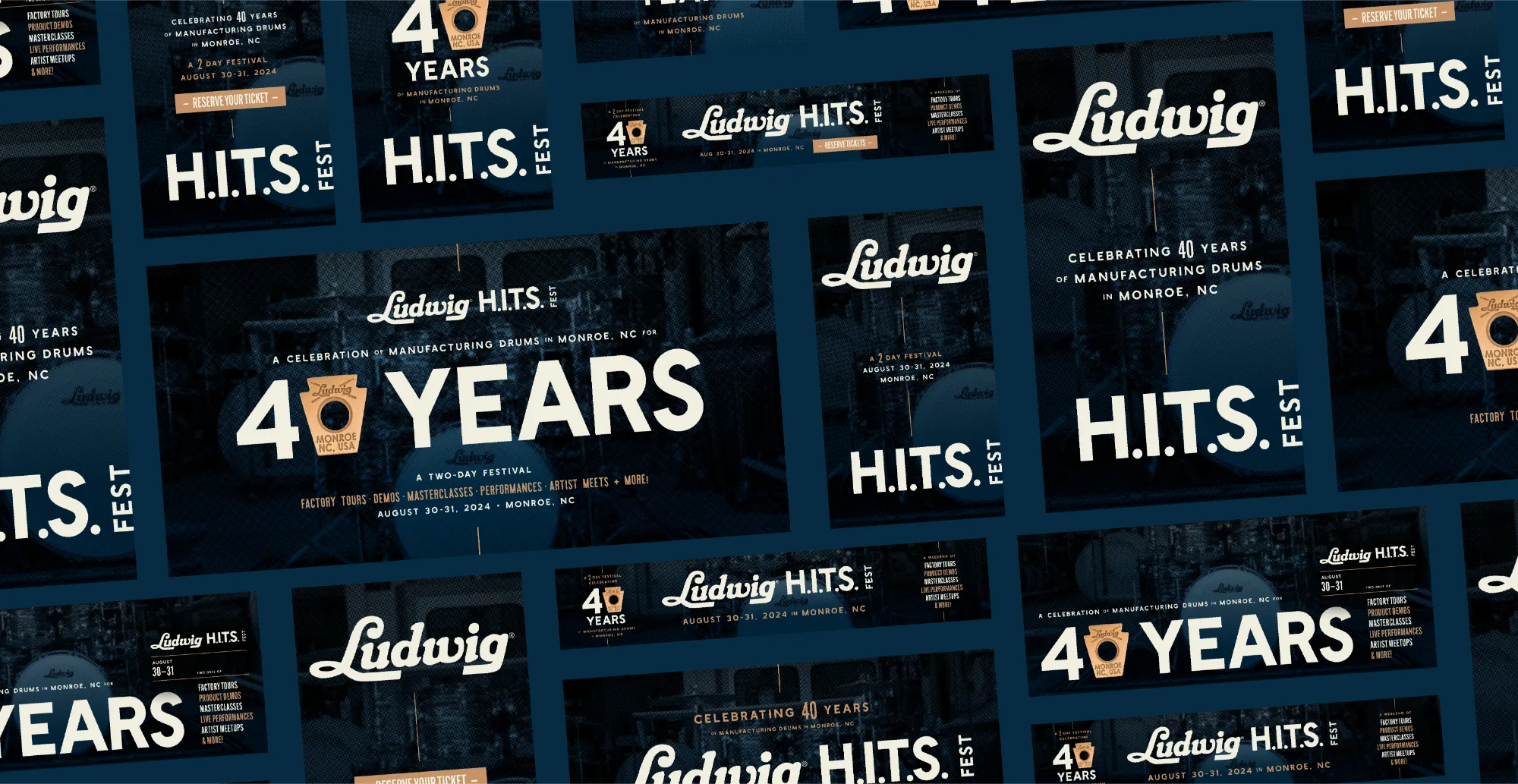 A spread of Social Media and Digital Assets for Ludwig Drums, 2024 Ludwig HITS Fest