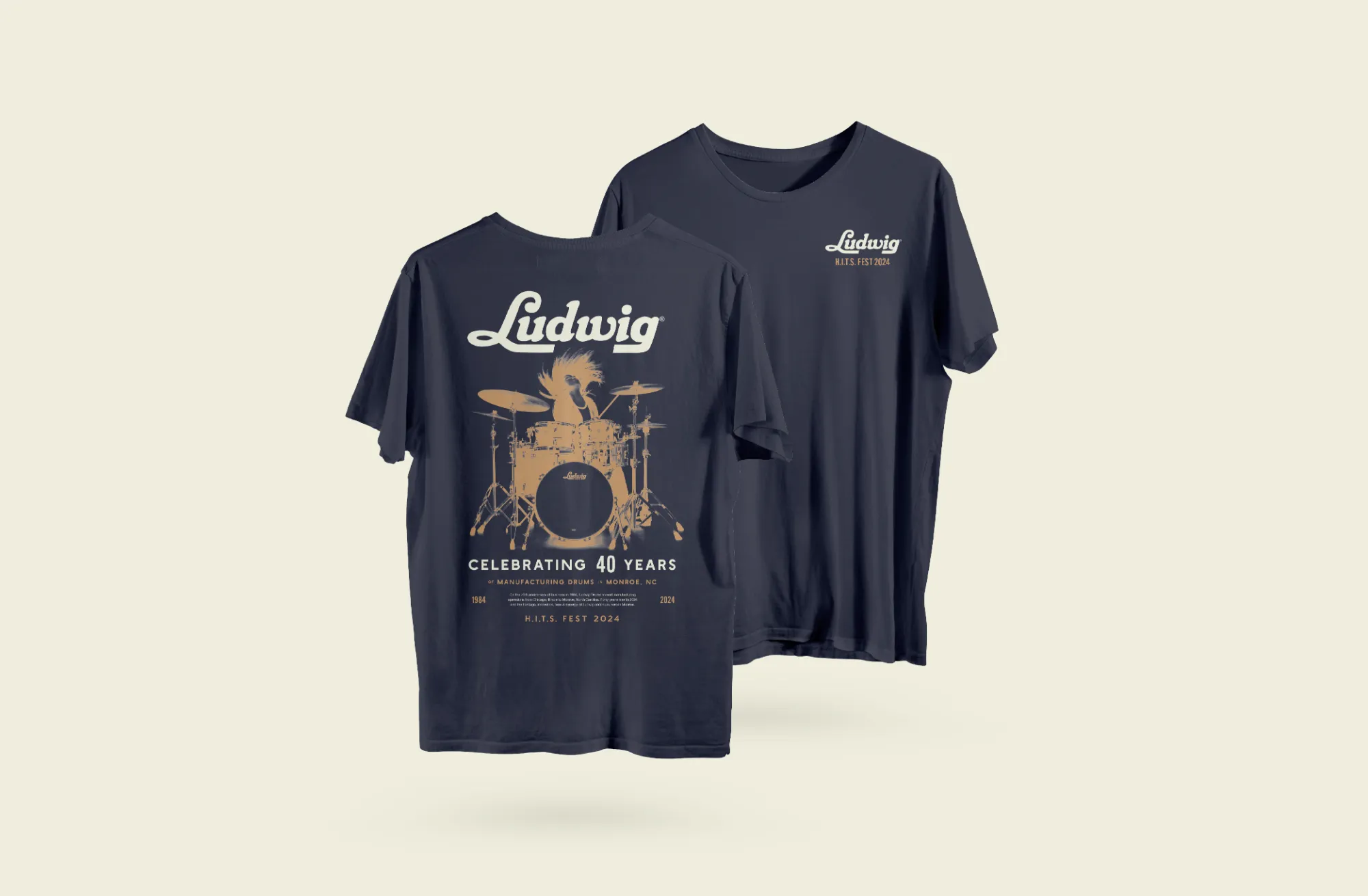 Custom tee shirt graphic with a silhouette of of a woman drumming and messaging celebrating 40 years of manufacturing drums in Monroe, NC for Ludwig Drums, 2024 Ludwig HITS Fest