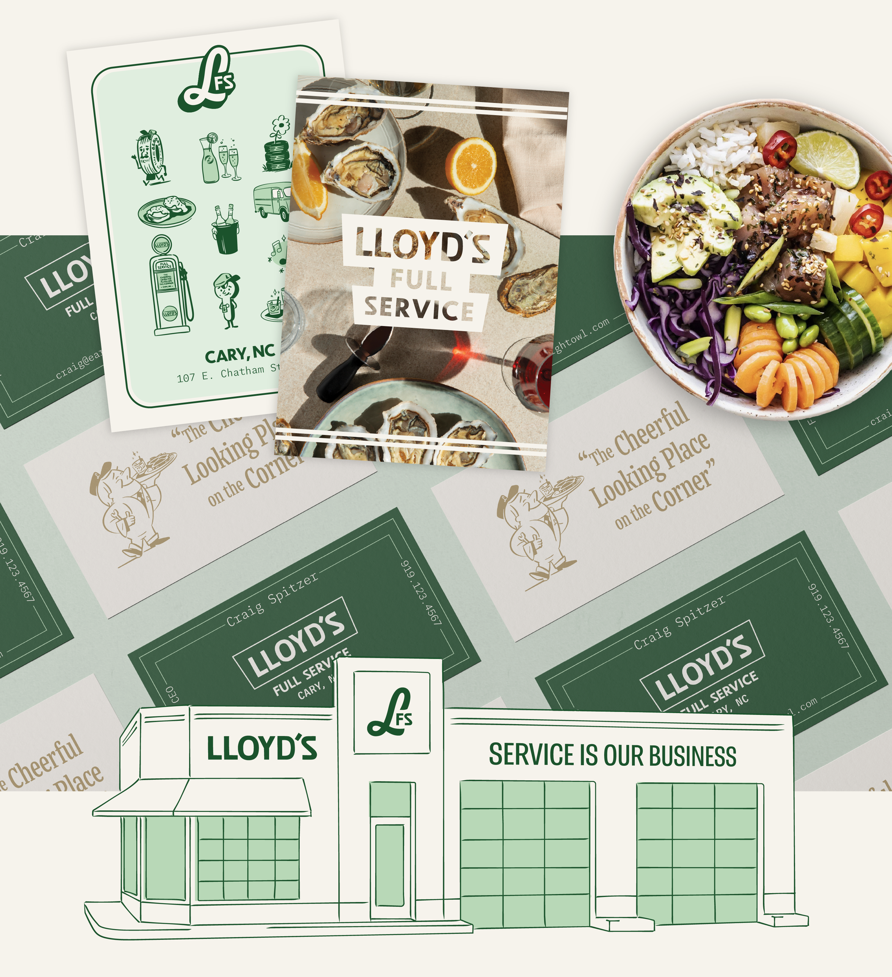 Postcards, bowl of food, business cards and building illustration