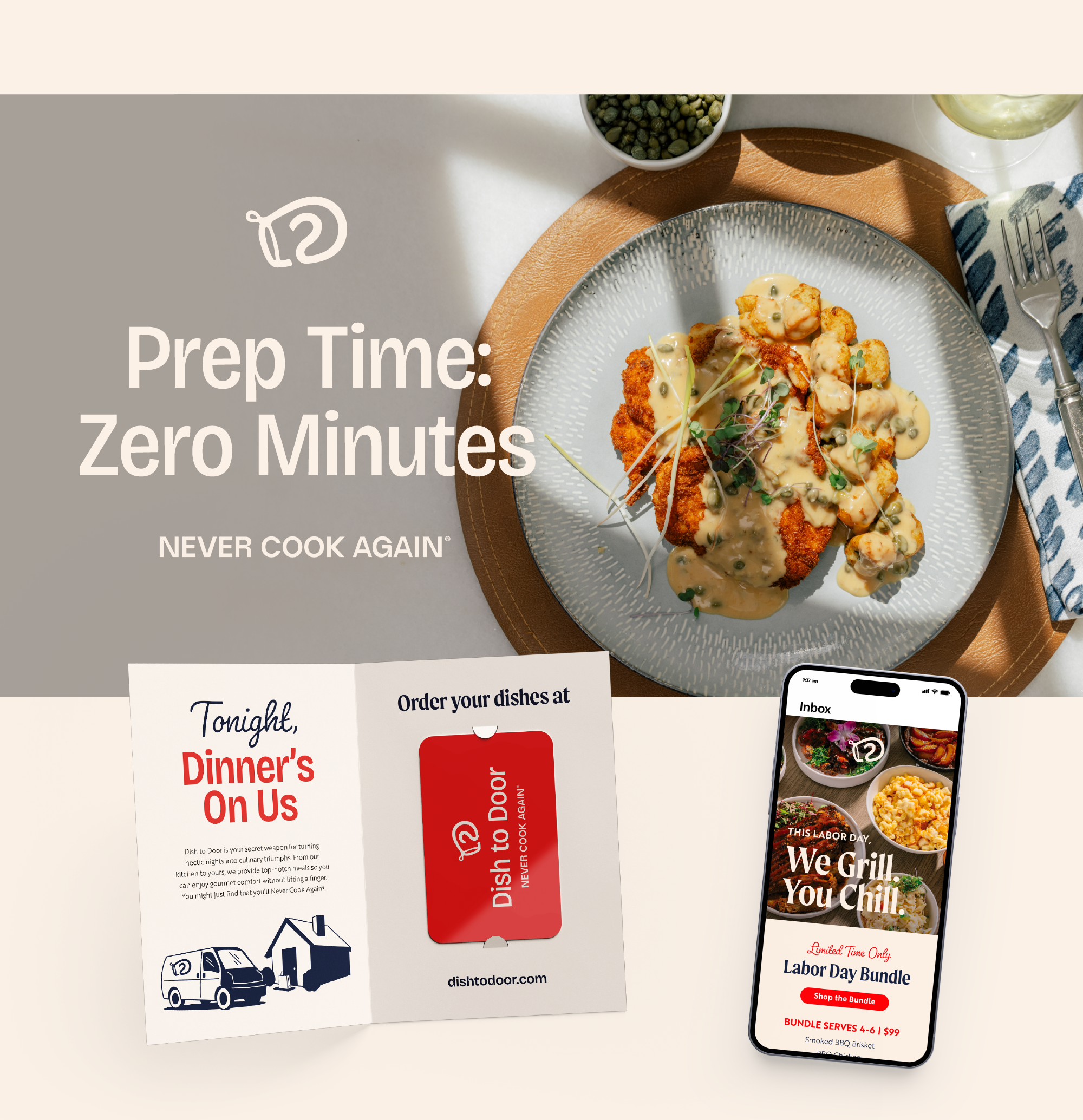 Image of food with gift card holder and email graphic on phone