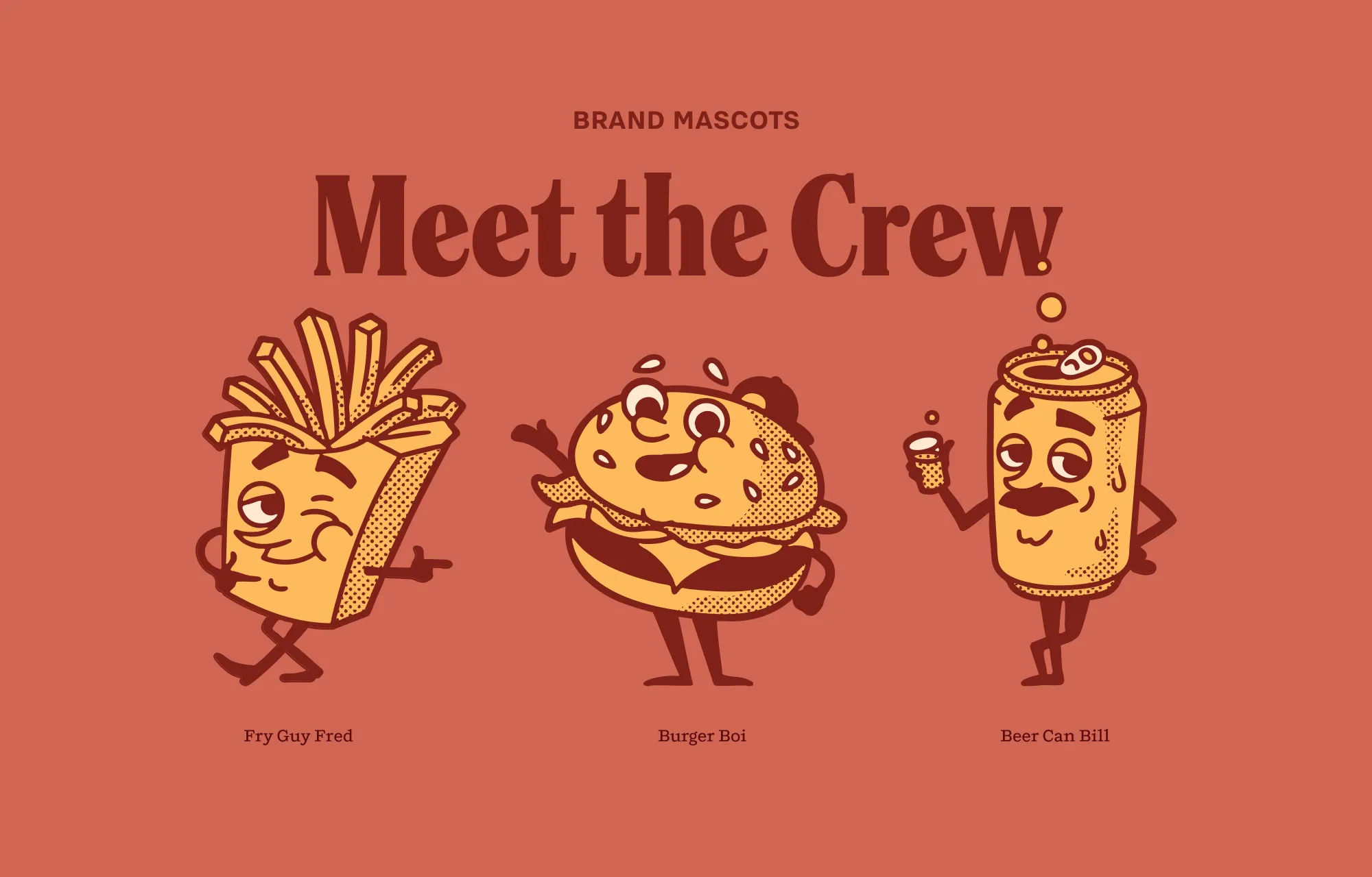 Brand mascots for Cook's Burger Bar, including Fry Guy Fred, Burger Boi and Beer Can Bill