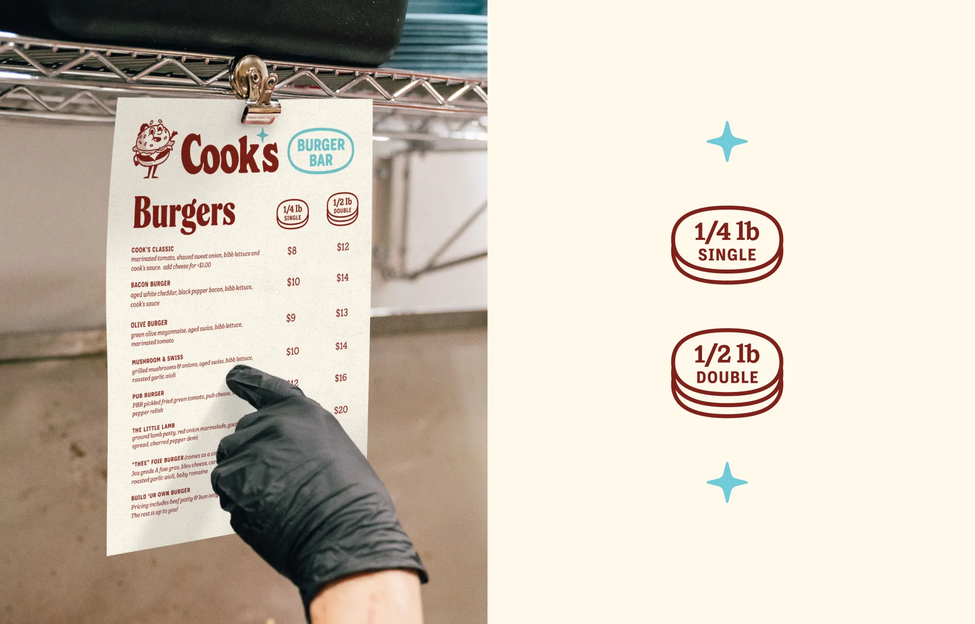Cook's Burger Bar menu design with single and double patty icons
