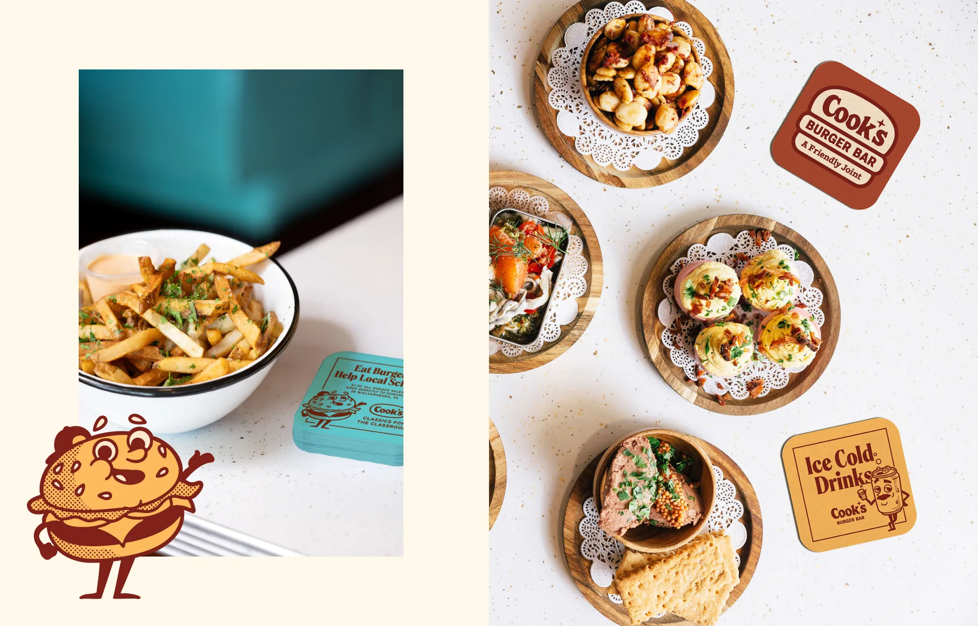 Various coaster designs shown amongst plated dishes