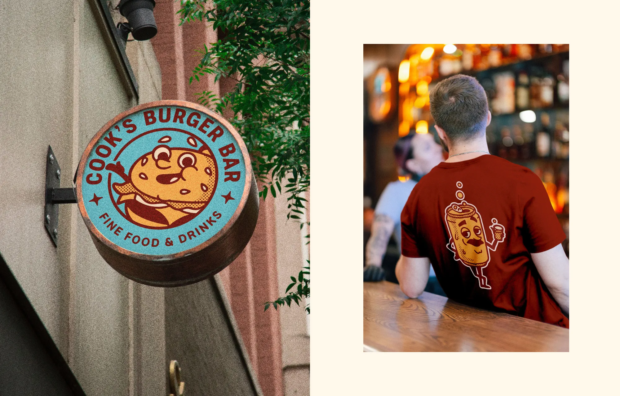 Exterior signage and back of shirt graphic for Cooks Burger Bar