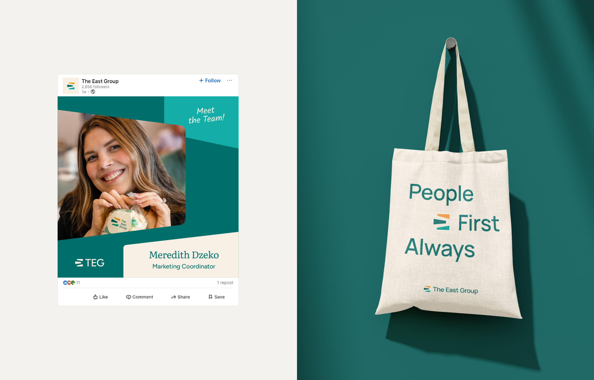 On the left, a social post showcasing an employee appreciation graphic. On the right, a tote bag with the tagline People First Always