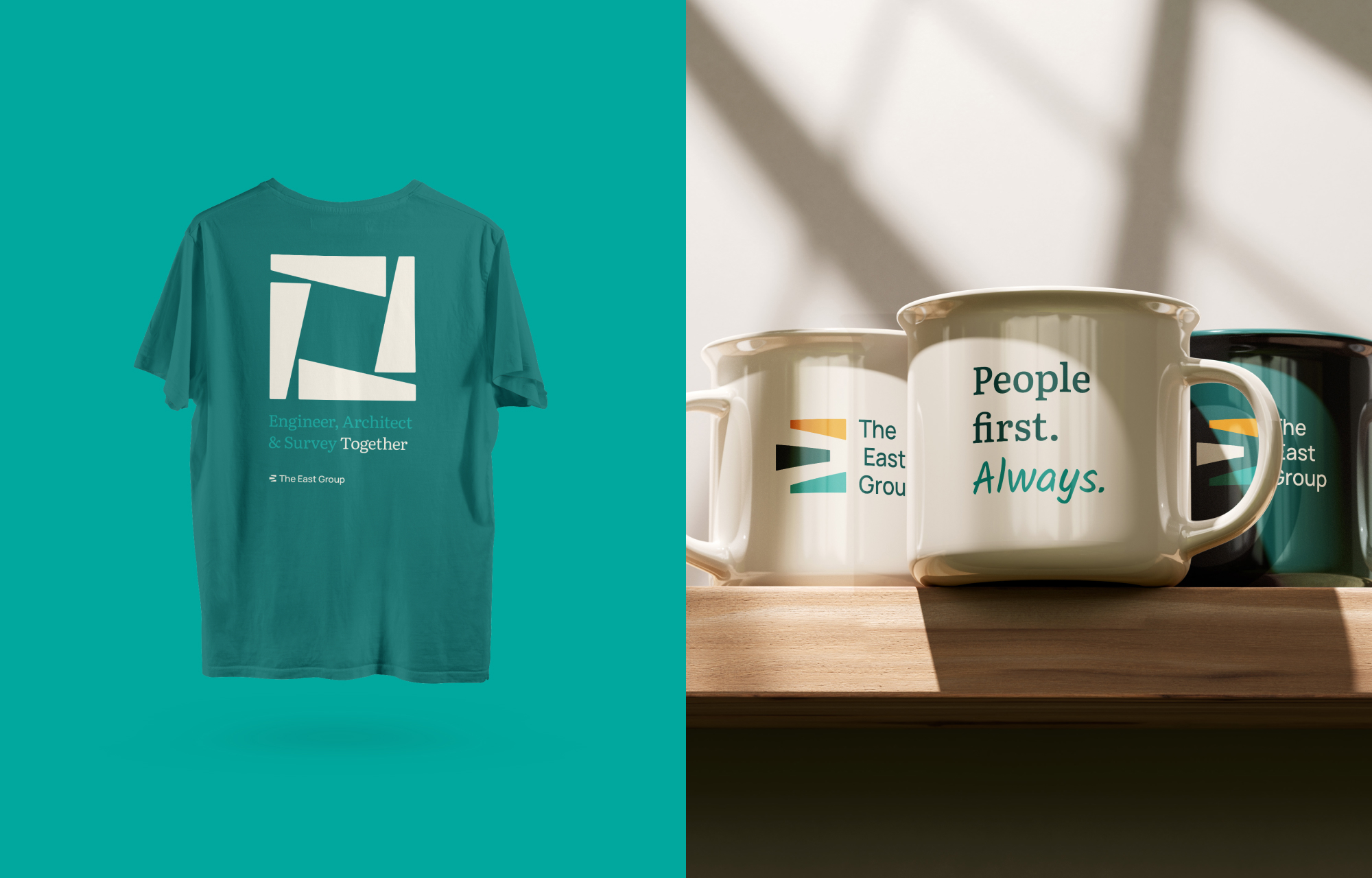 On the left, a shirt design back graphic. On the right, a trio of The East Group branded camping mugs