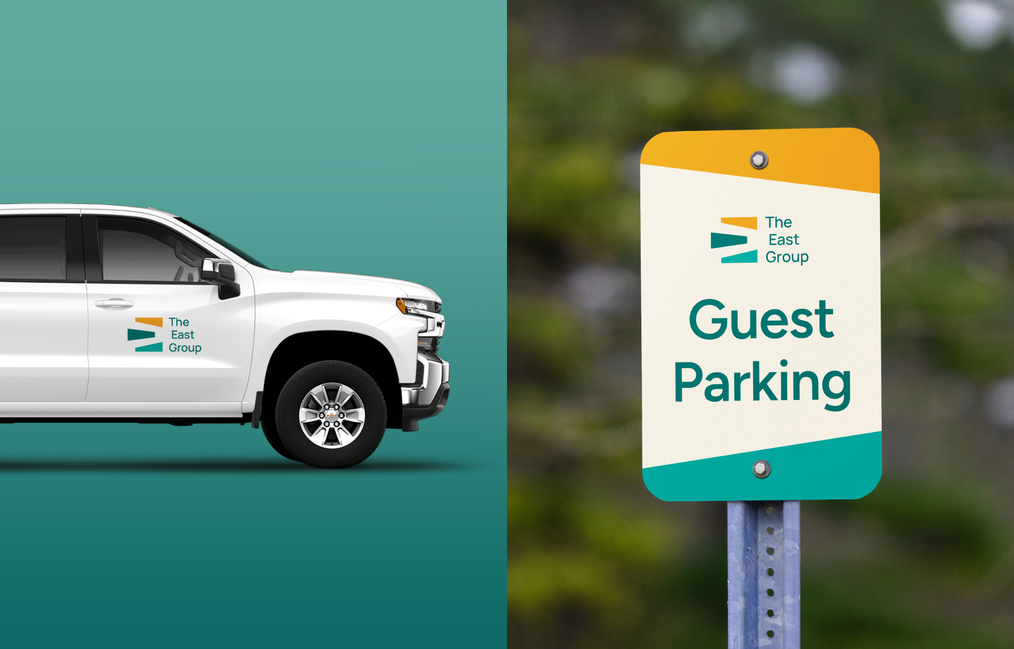The East Group logo on the door of a white pickup truck is on the left, with a Visitors Parking sign mockup on the right