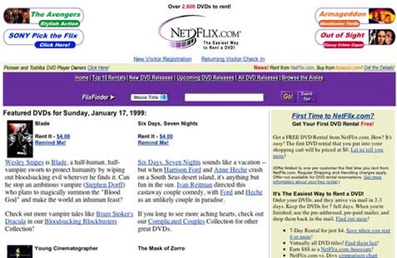 Netflix's Homepage from 1999.