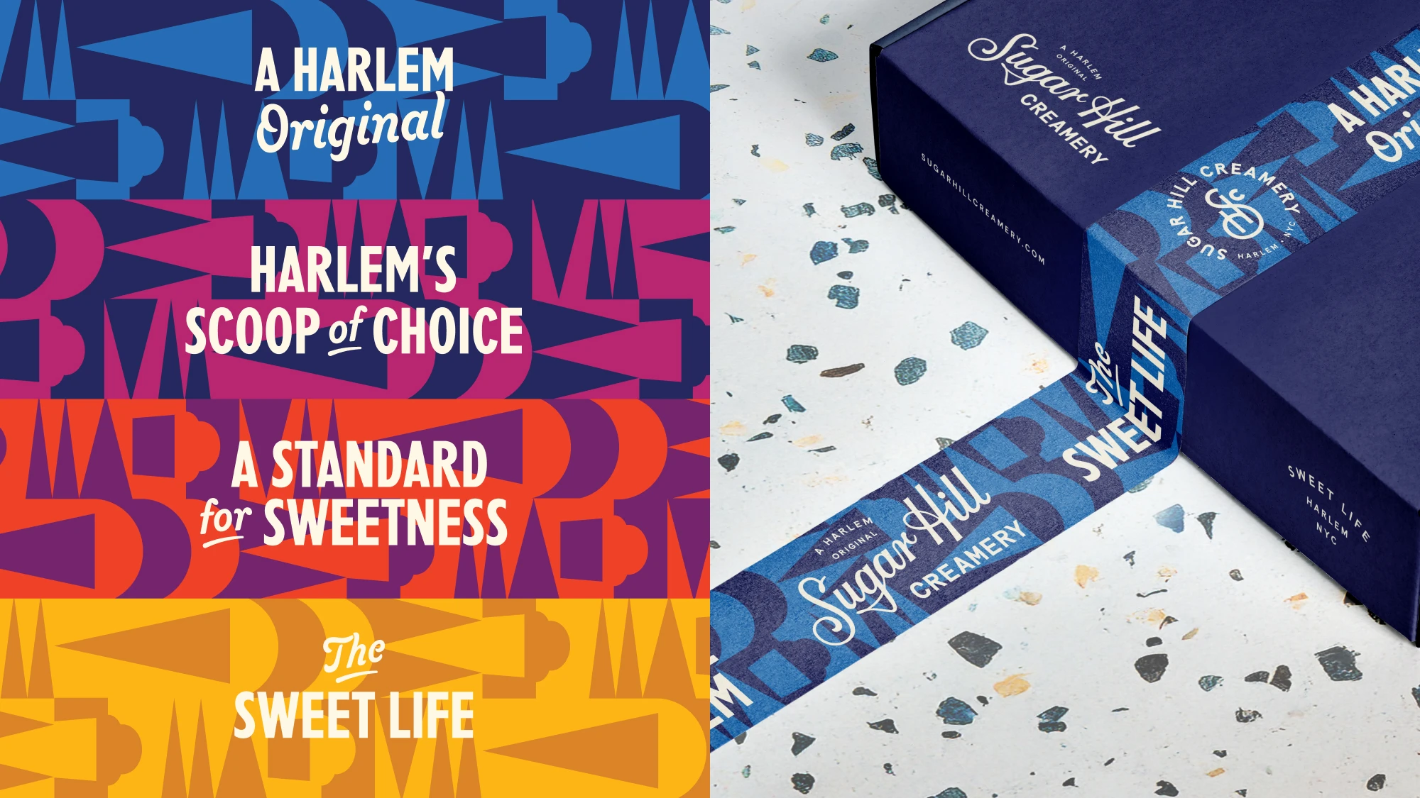 Colorful, geometric patterns shown with taglines overtop and in context of packaging tape.