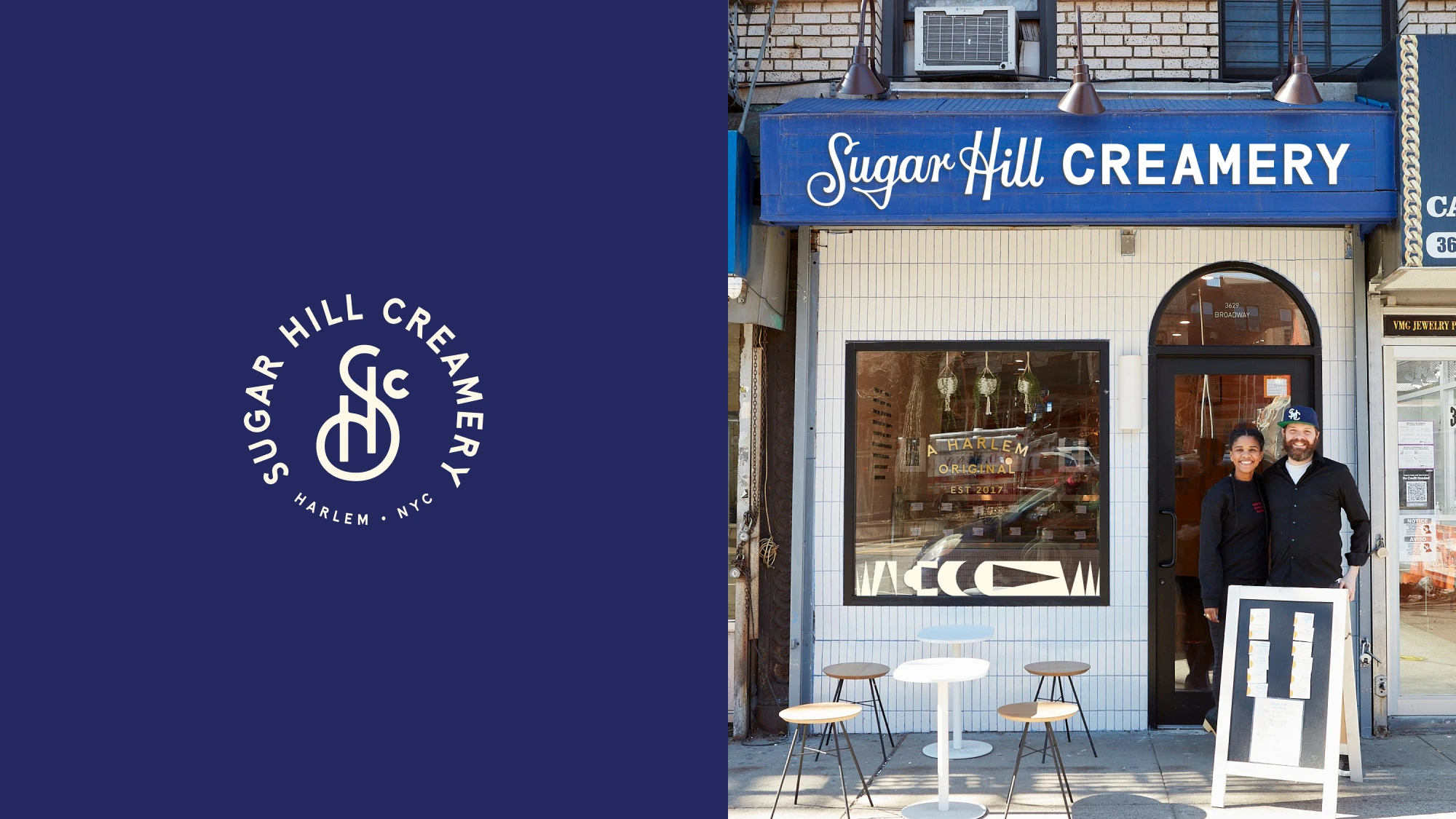 A photo of owners, Petrushka and Nick, in front of their Sugar Hill Creamery storefront in Harlem.