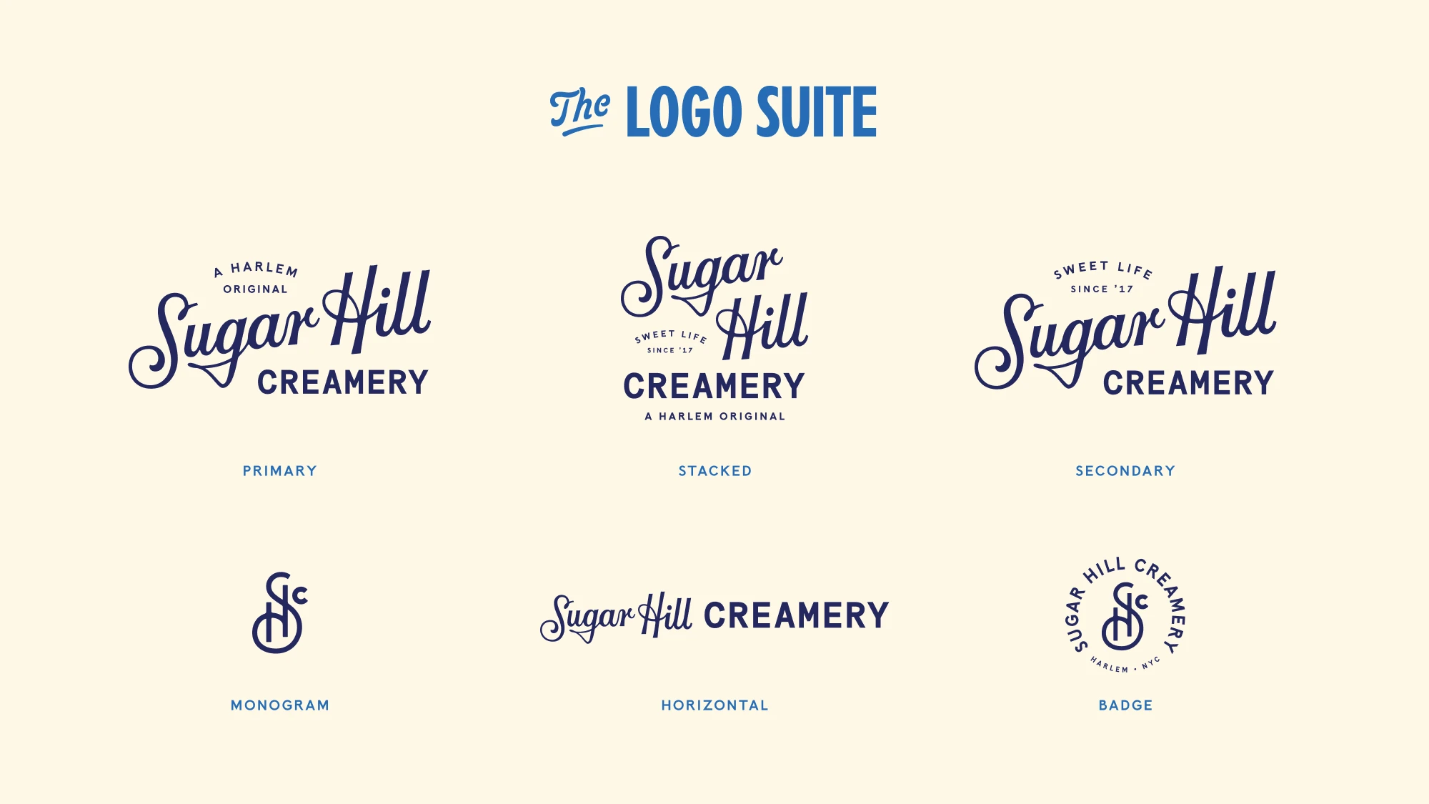 An overview of the Sugar Hill Creamery logo suite, including monograms, badges, and various lockups of the main script.