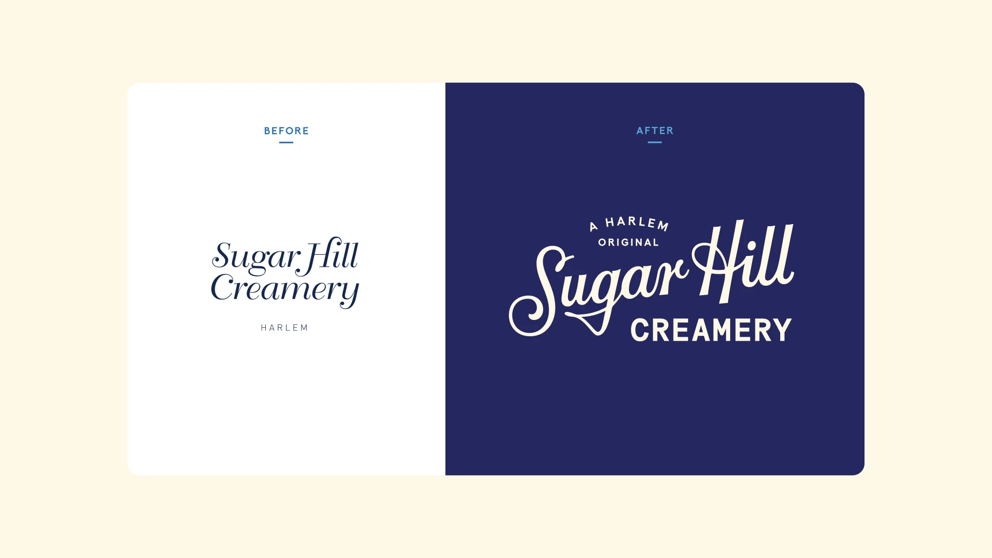 A before and after of the Sugar Hill Creamery logo