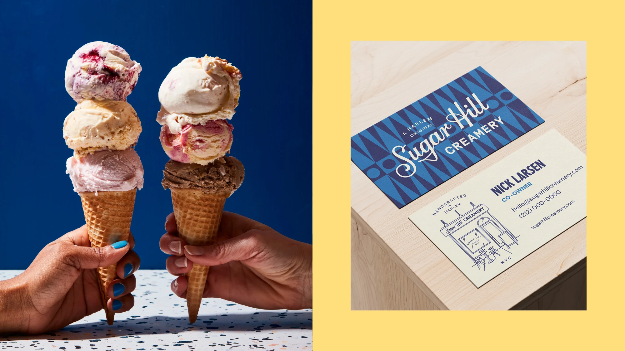 On the left, a photo of two people holding ice cream cones with triple scoops. On the right, a business card with the Sugar Hill Creamery logo over a navy blue pattern.