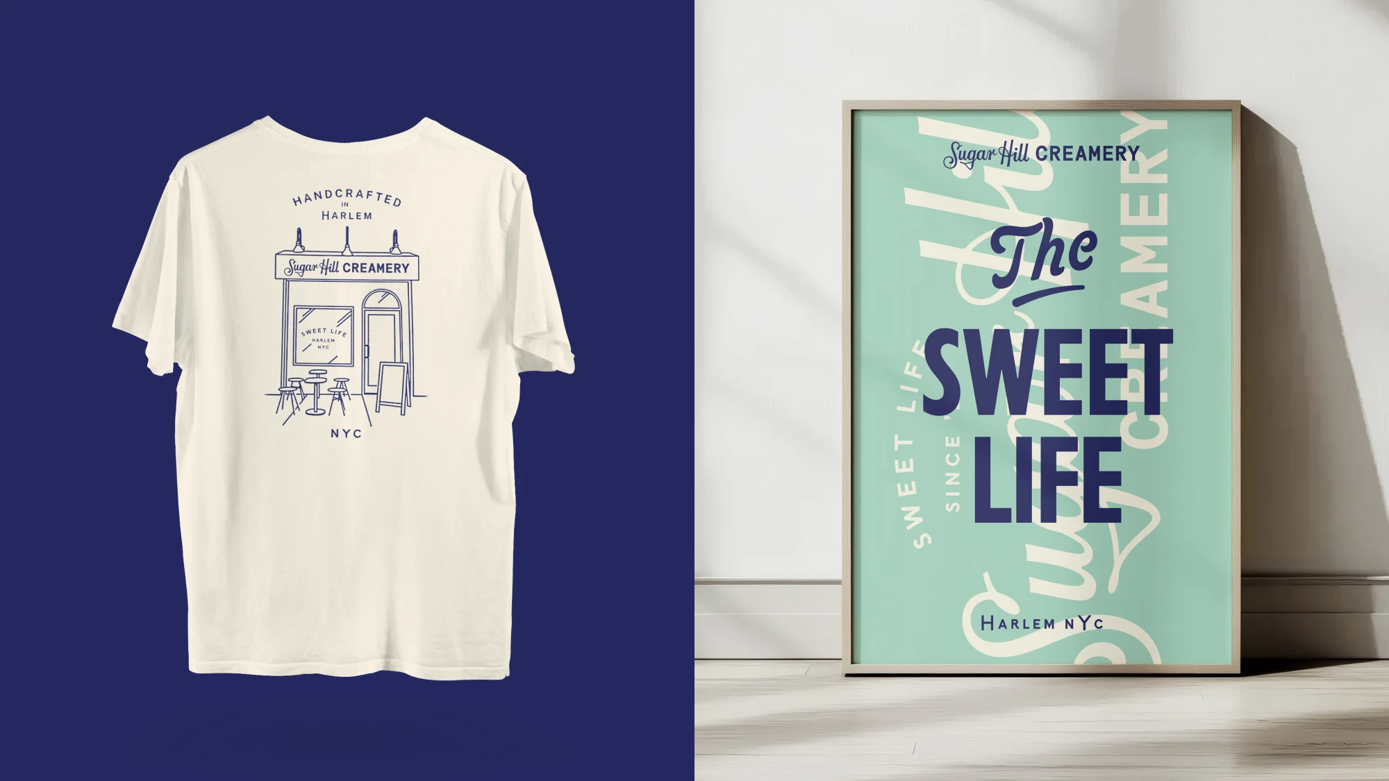 On the left, a shirt mockup showing a large back design of Sugar Hill Creamery's storefront, illustrated in a single line weight style. On the right, a framed poster that says The Sweet Life