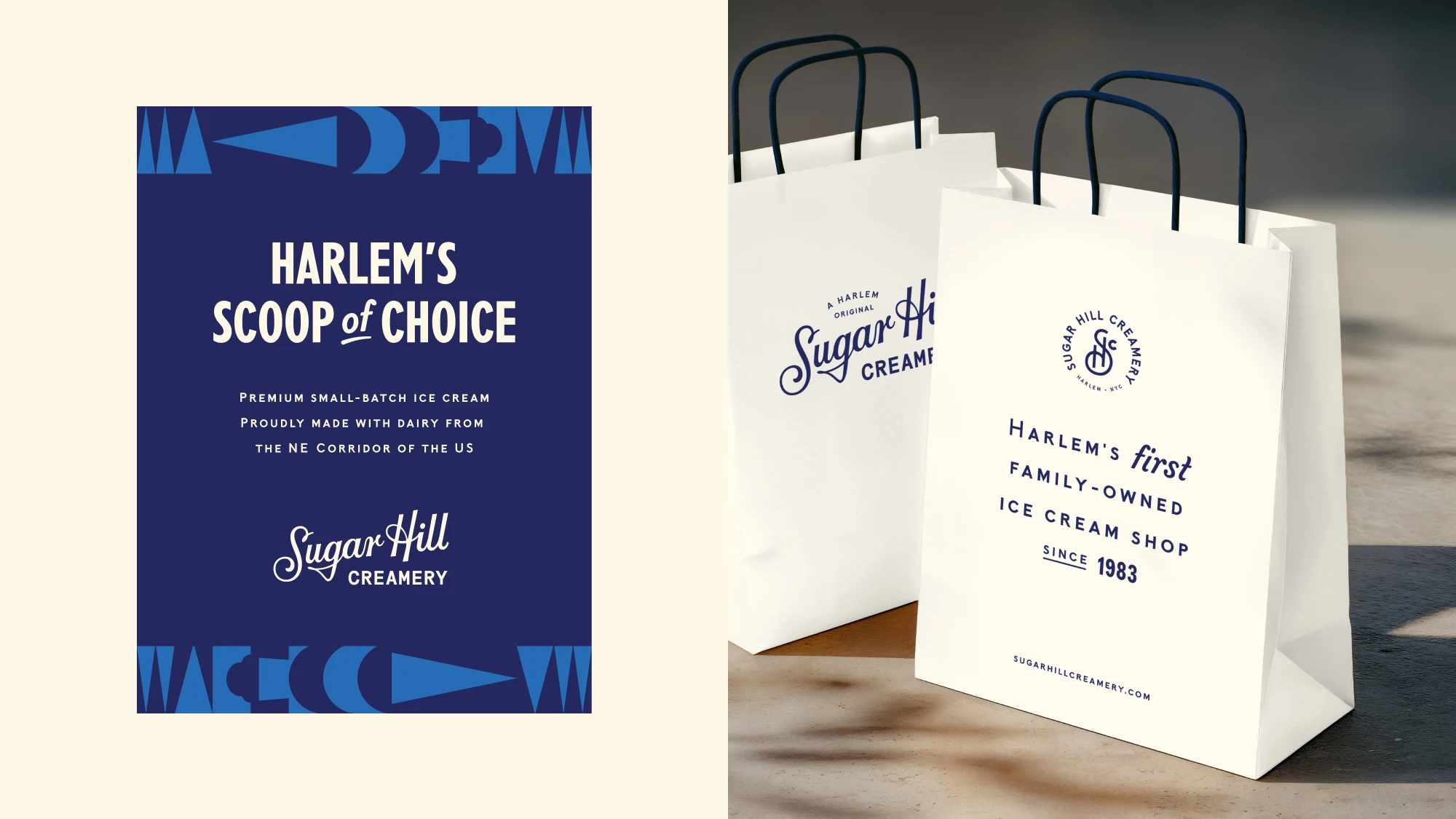 A poster design highlighting Sugar Hill Creamery's use of dairy from the NE corridor of the US, next to a photo of a white take out bag with a logo.