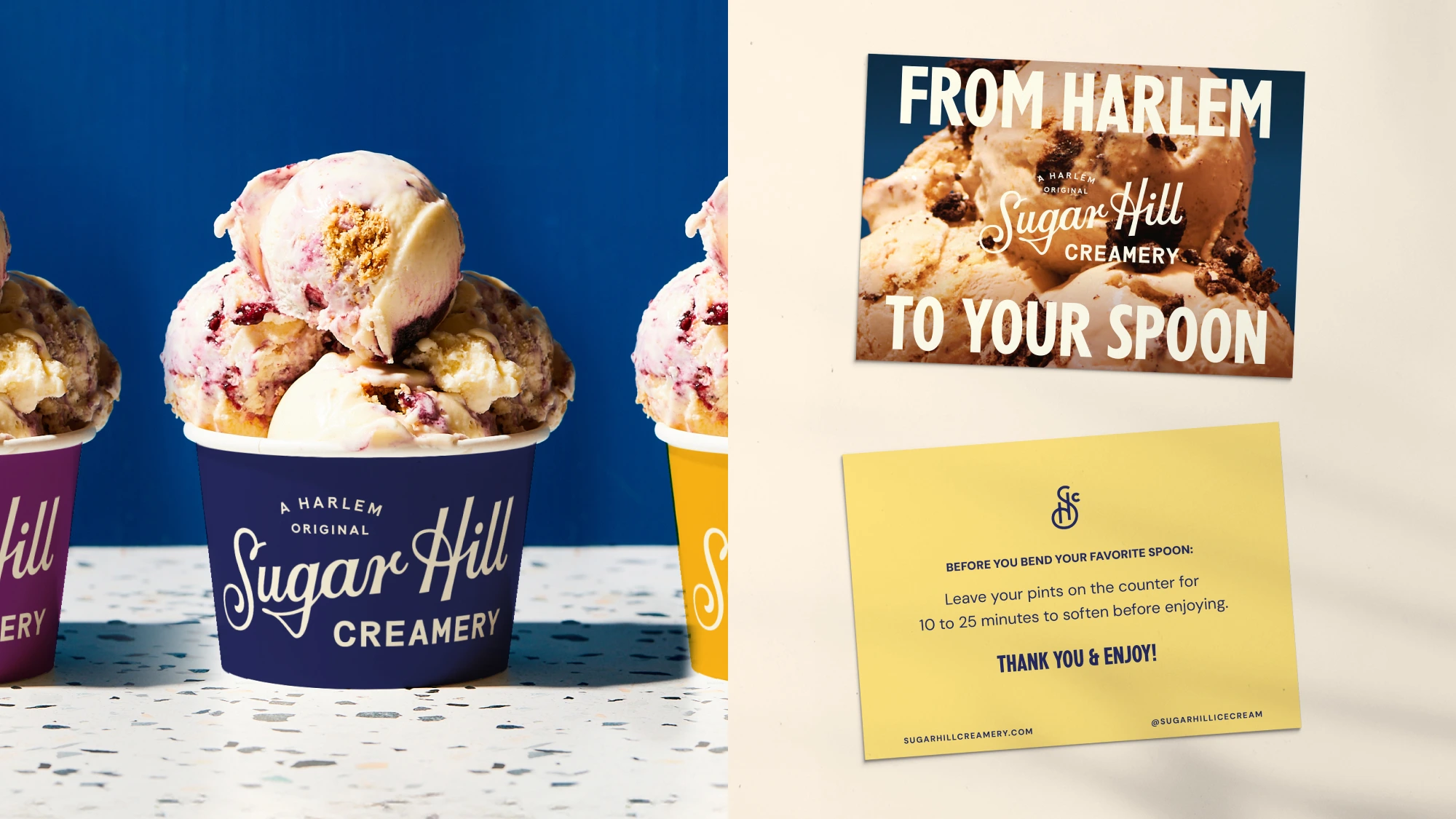 A mockup of an order insert for Goldbelly orders that reads From Harlem to Your Spoon, next to a photo of Sugar Hill Creamery's ice cream cups
