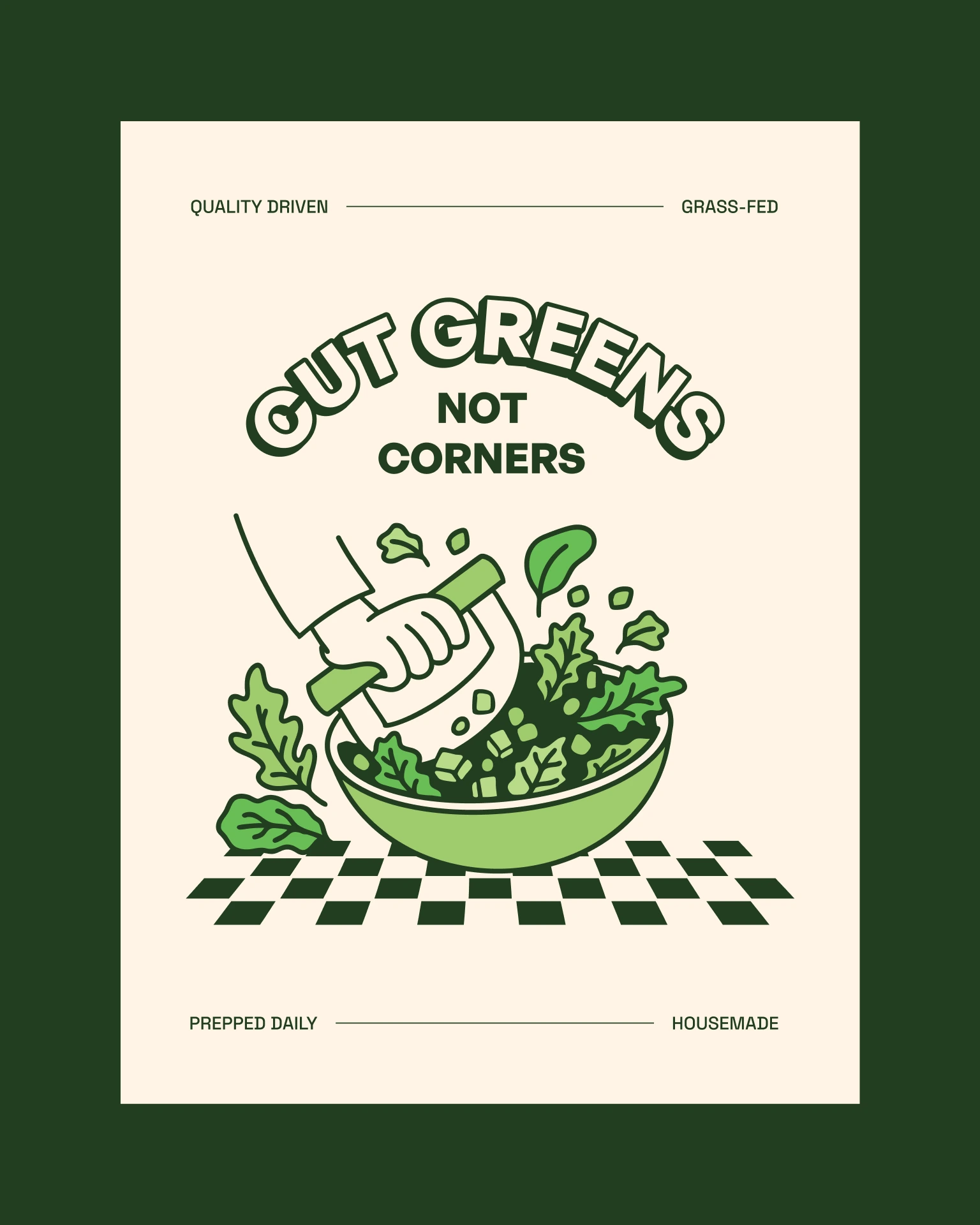 Poster design for DICED that reads Cut Greens Not Corners with an illustration of a hand dicing ingredients in a bowl of salad