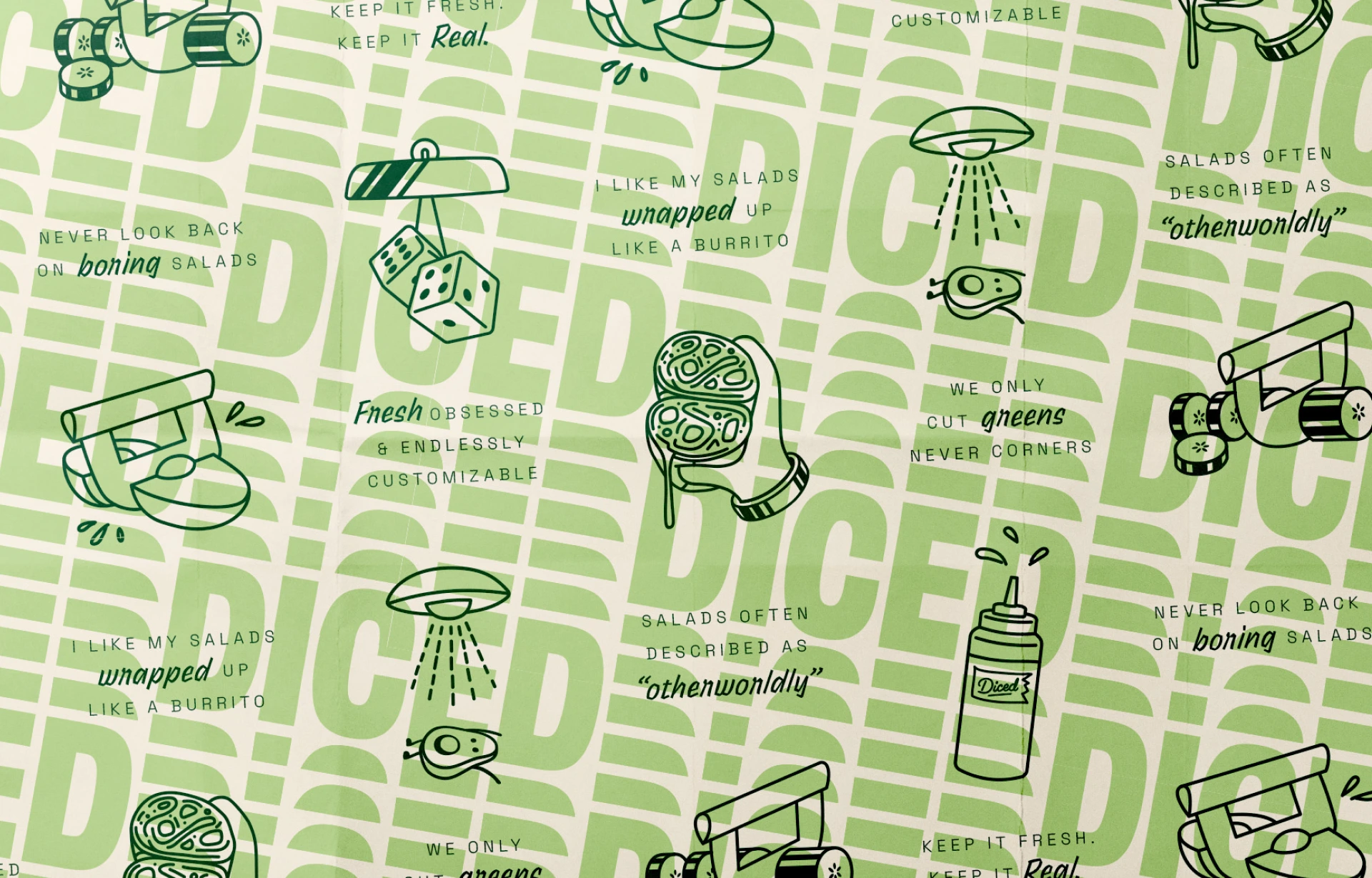 Custom pattern for DICED made with brand taglines and illustrations