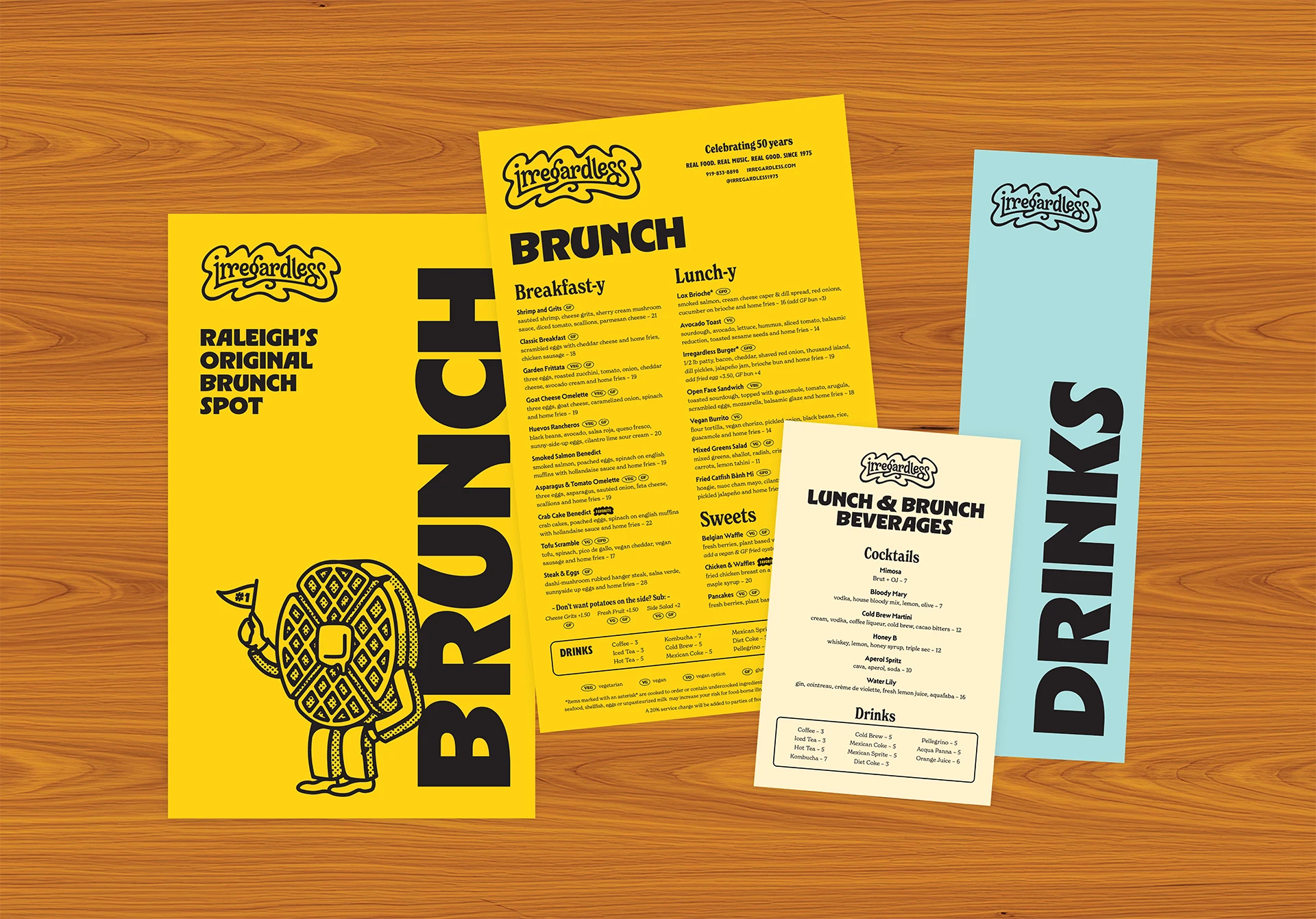 Brunch and drink menu designs for Irregardless