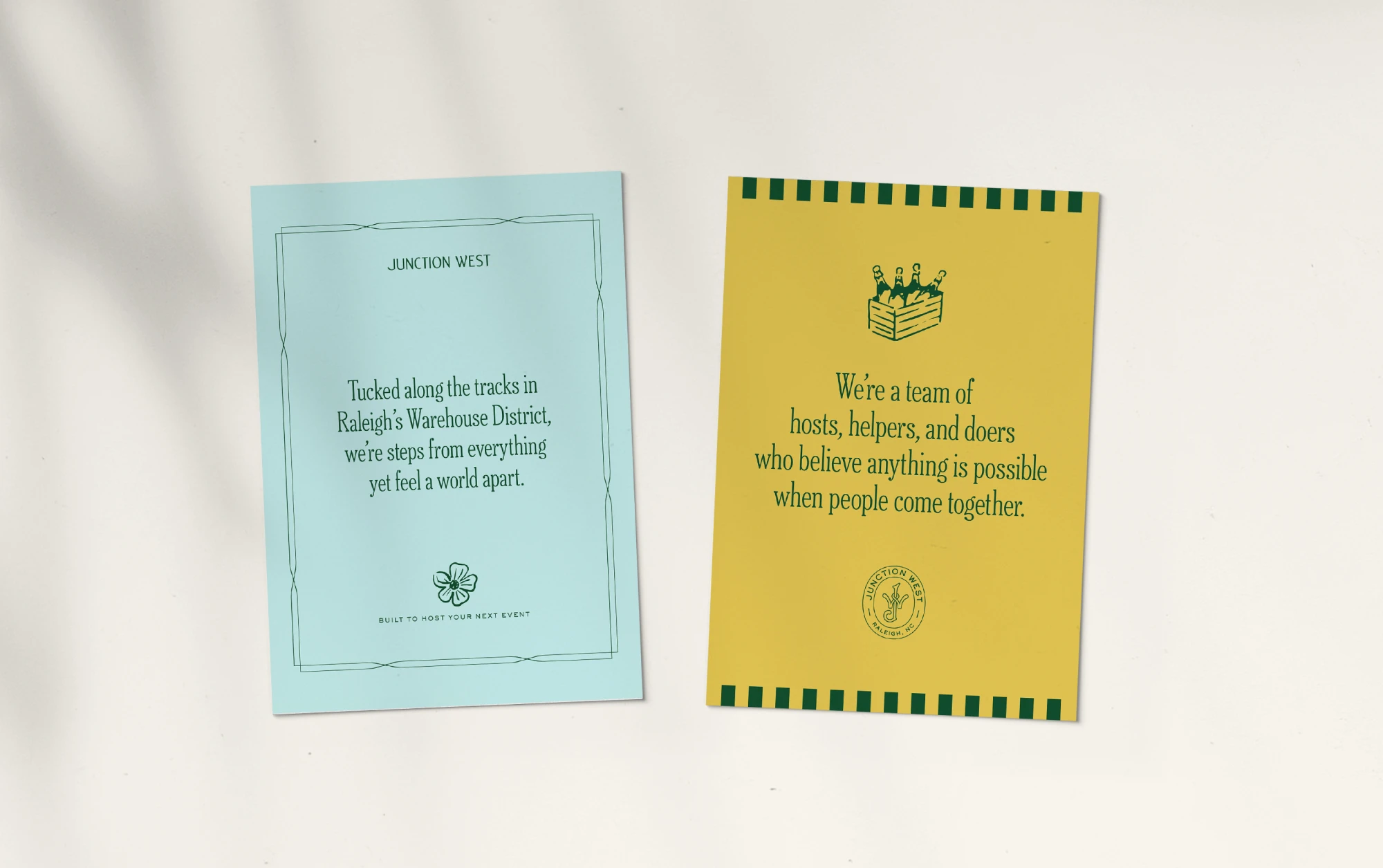 Postcard designs featuring messaging and brand graphics from Junction West