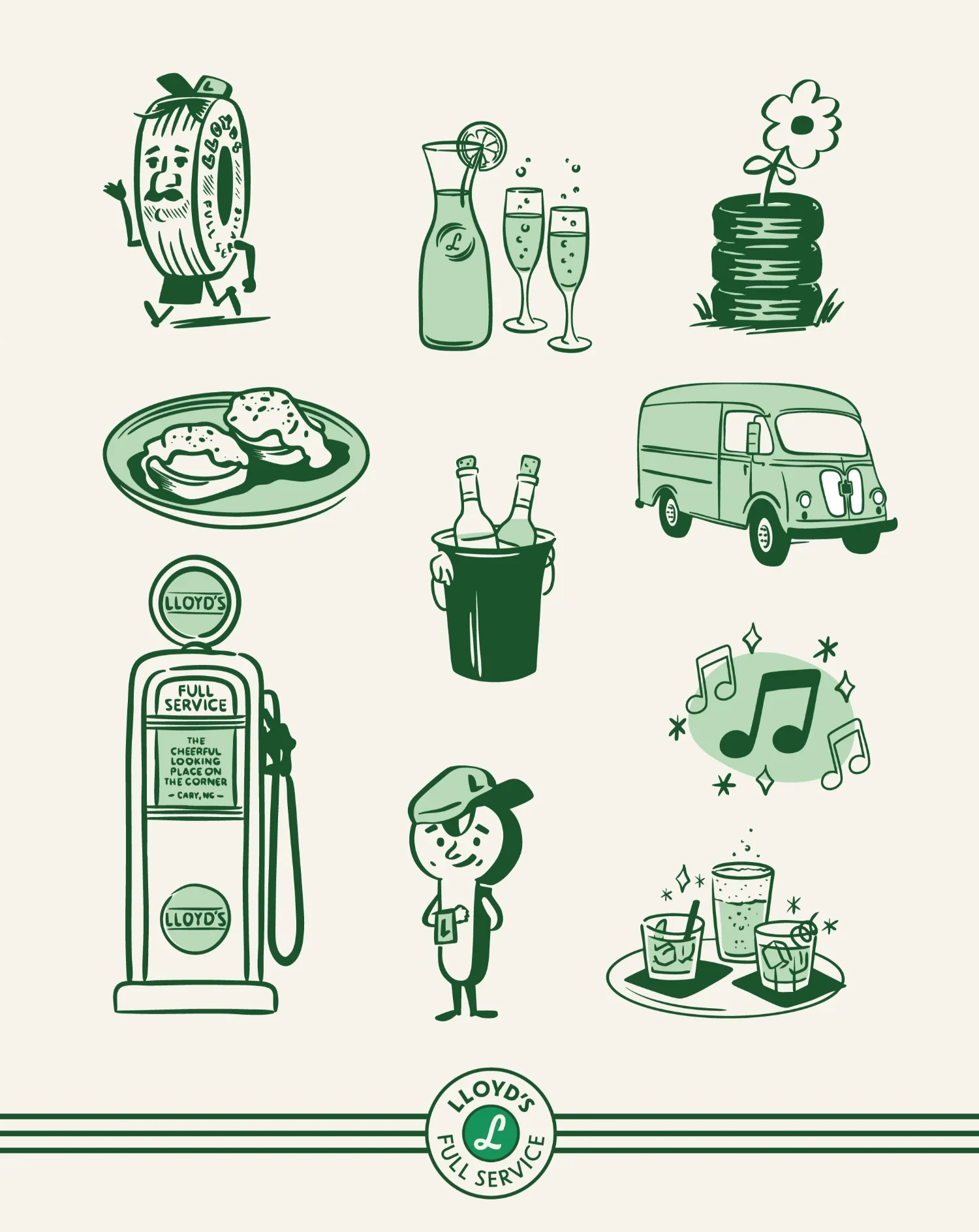 Assorted hand drawn illustrations for Lloyd's restaurant