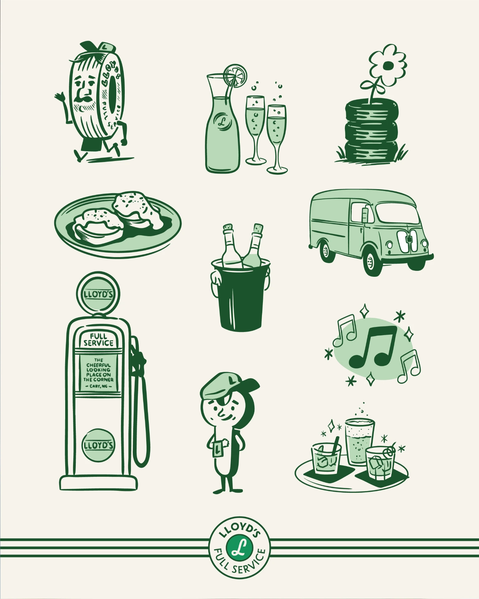 Assorted hand drawn illustrations for Lloyd's restaurant